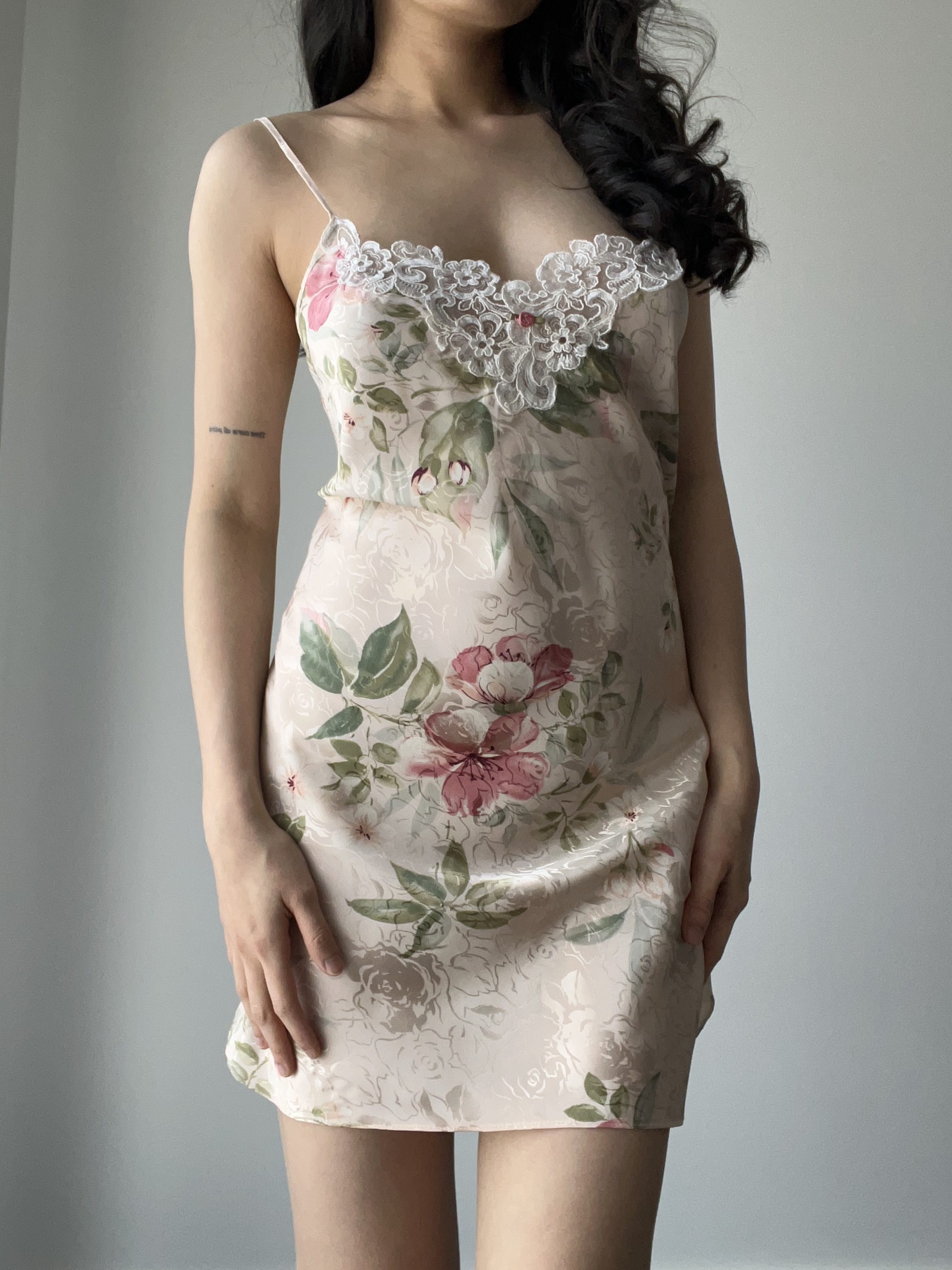 Vintage Pastel Pink Floral Damask Satin Mini Slip Dress with Embroidered Lace Neckline