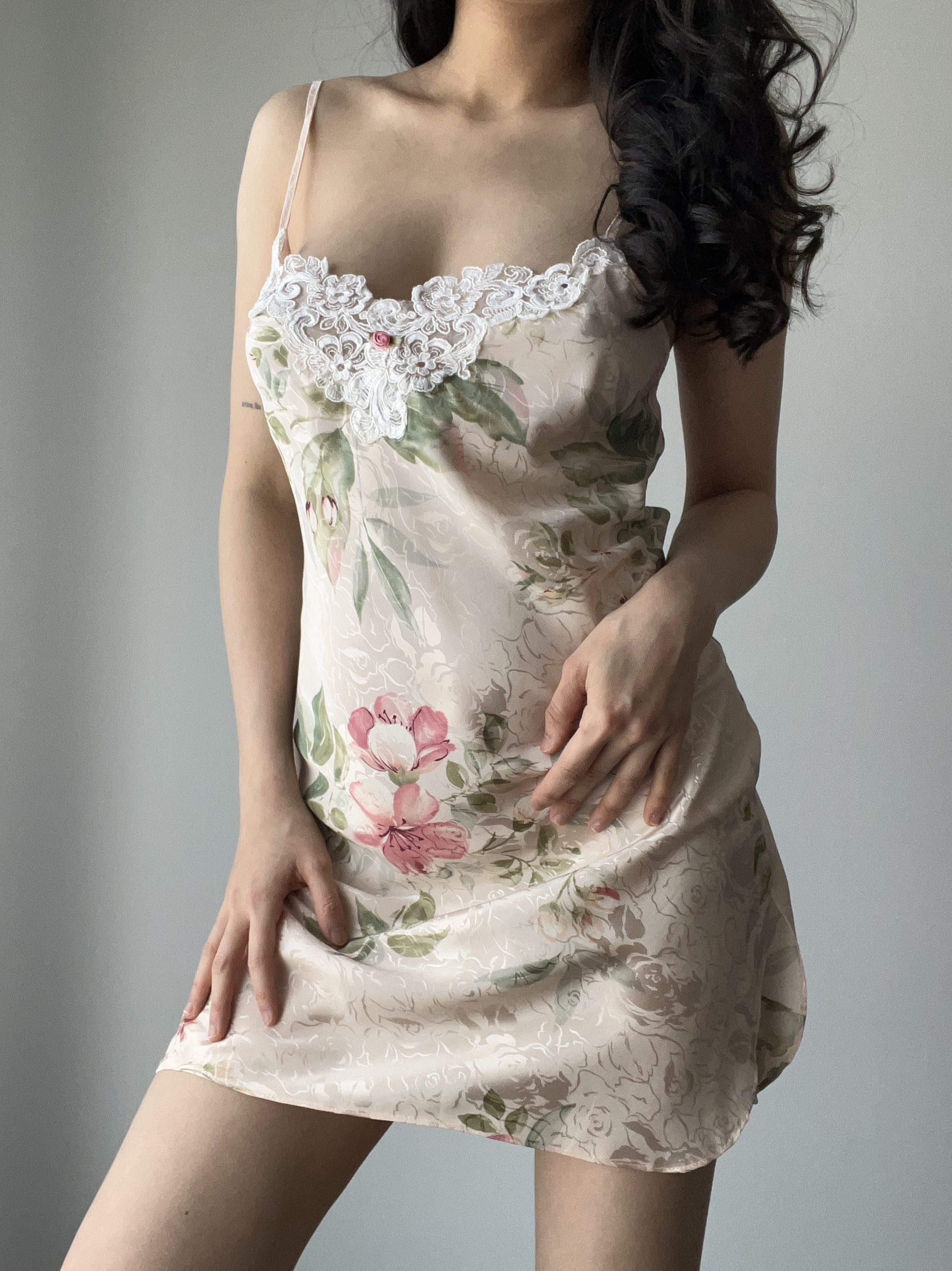 Vintage Pastel Pink Floral Damask Satin Mini Slip Dress with Embroidered Lace Neckline