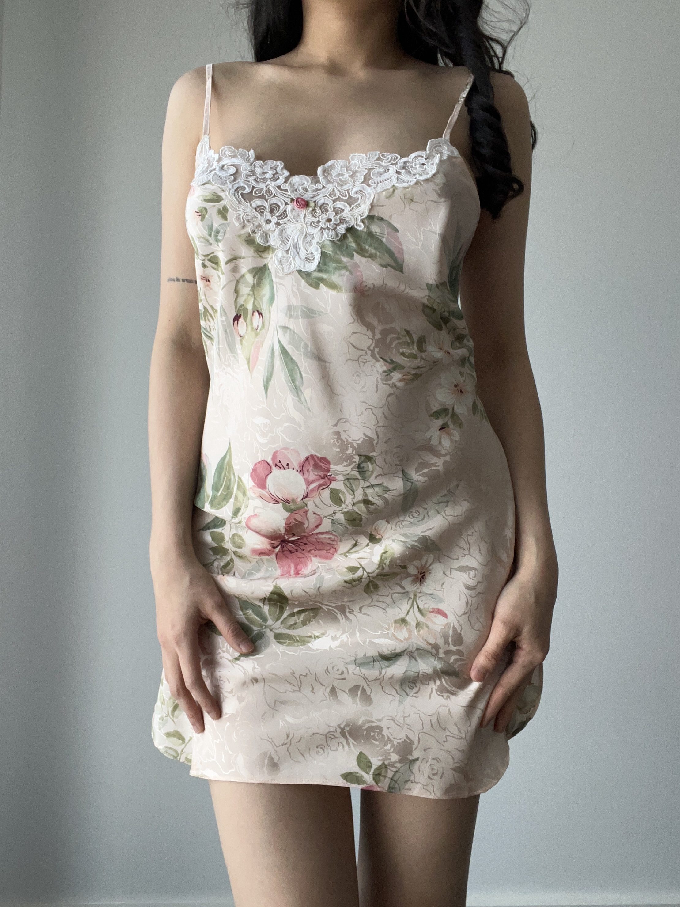 Vintage Pastel Pink Floral Damask Satin Mini Slip Dress with Embroidered Lace Neckline