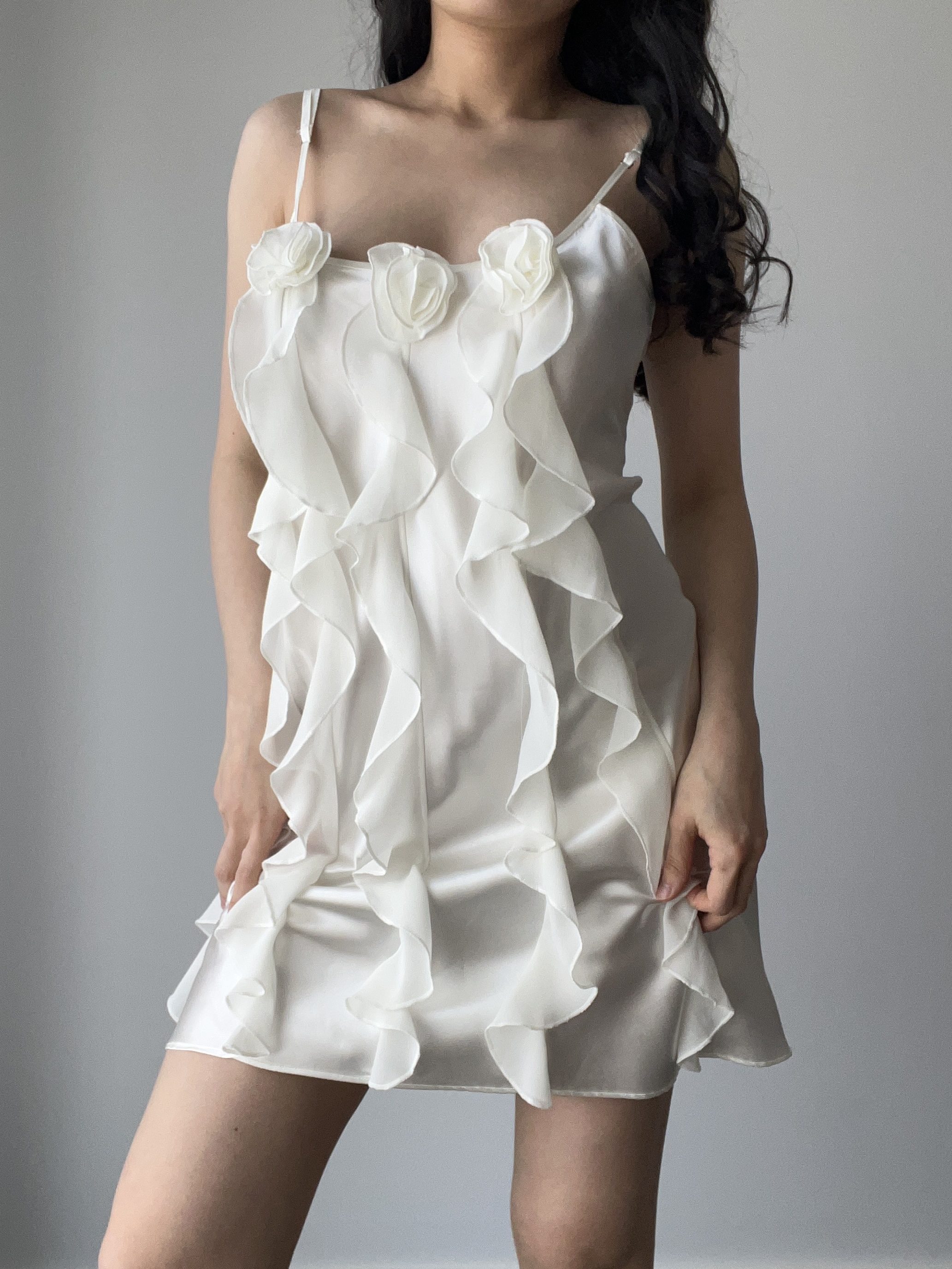 Vintage Flora White Satin Rosette-Appliqué Waterfall Ruffle Mini Dress