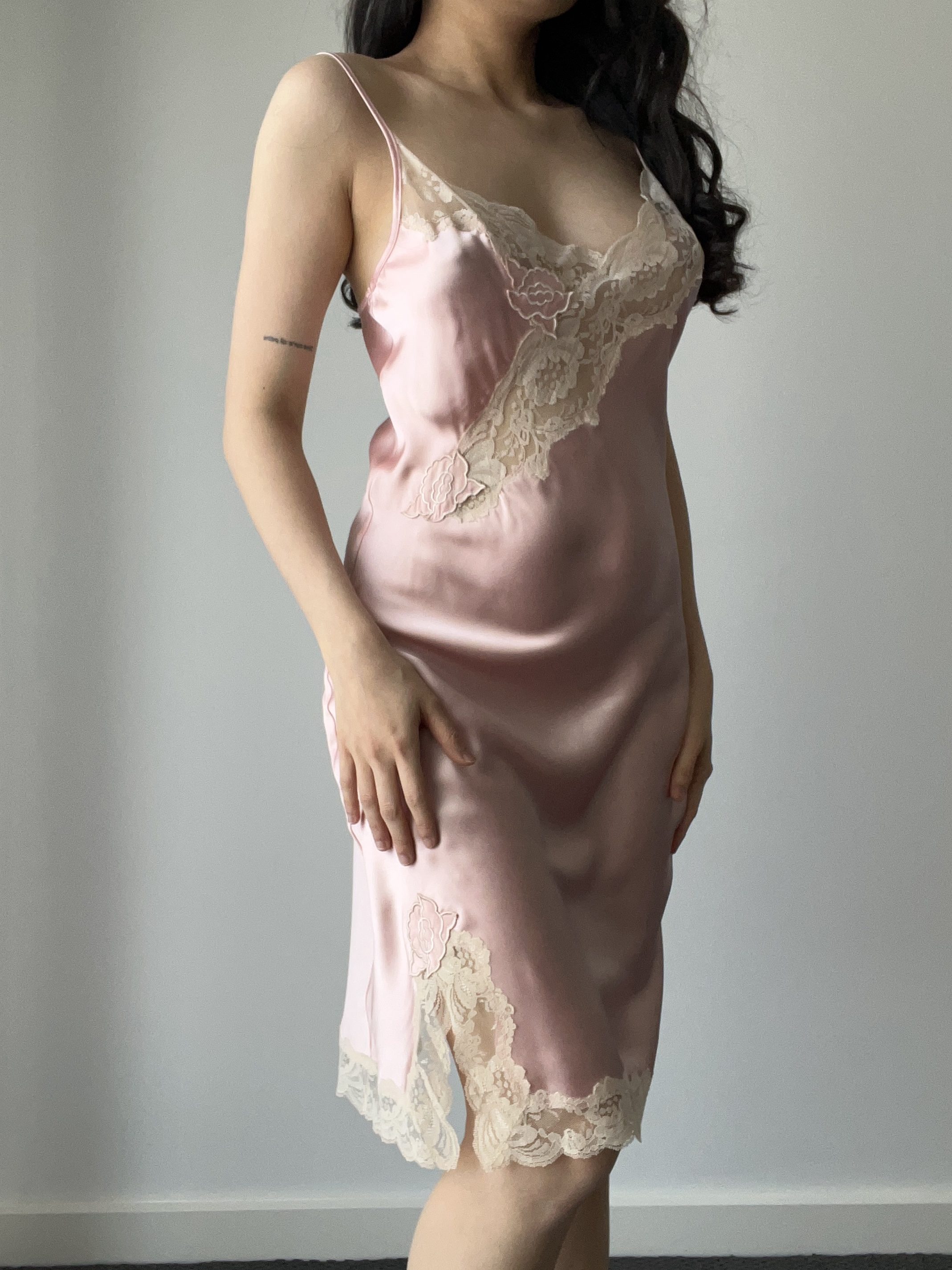 Vintage Victoria’s Secret Dusty Pink Satin Midi Slip Dress with Lace Bodice & Side Slit Inset