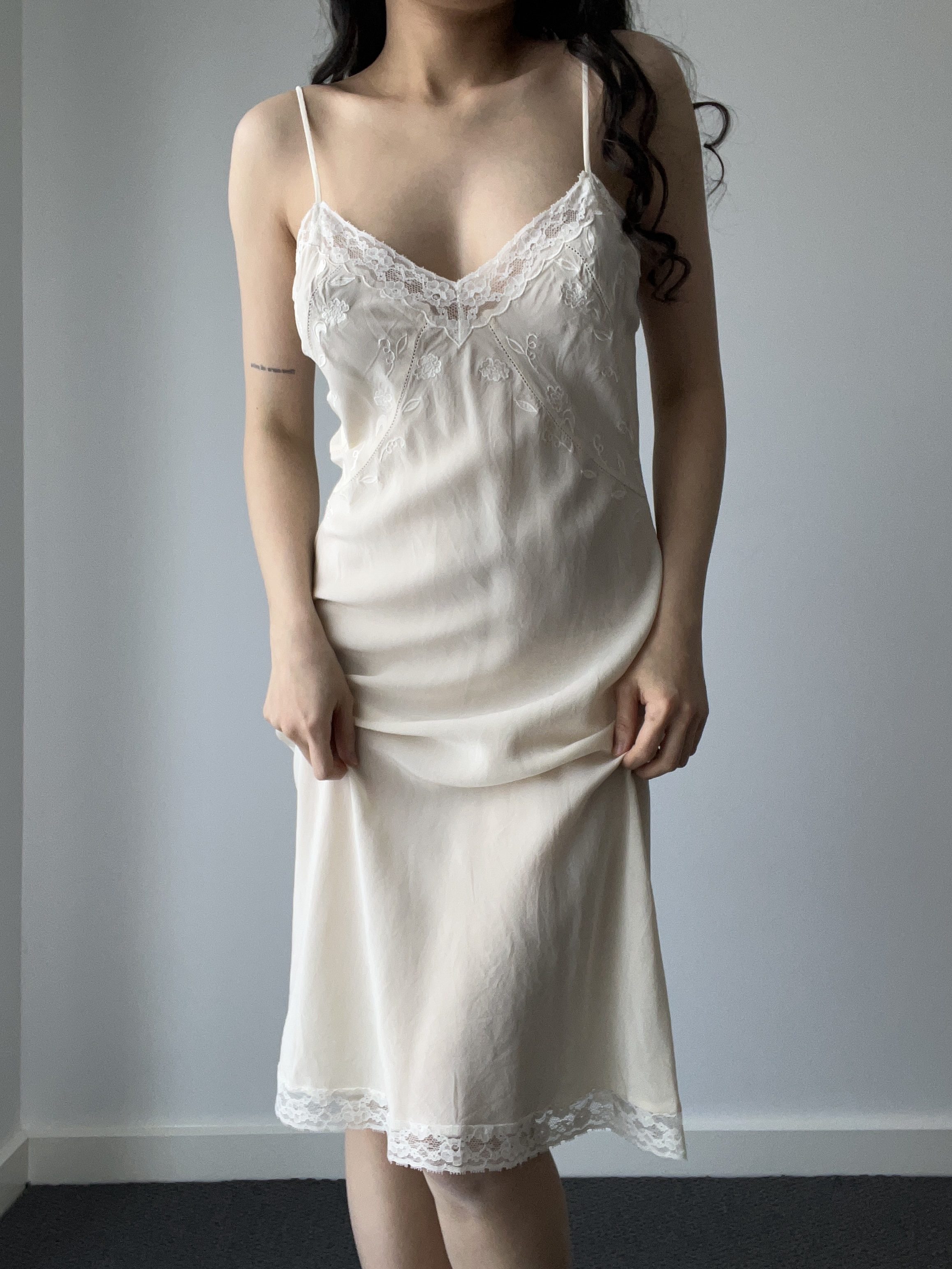 Vintage Victoria’s Secret Ivory Pure Silk Floral Embroidered Midi Slip Dress