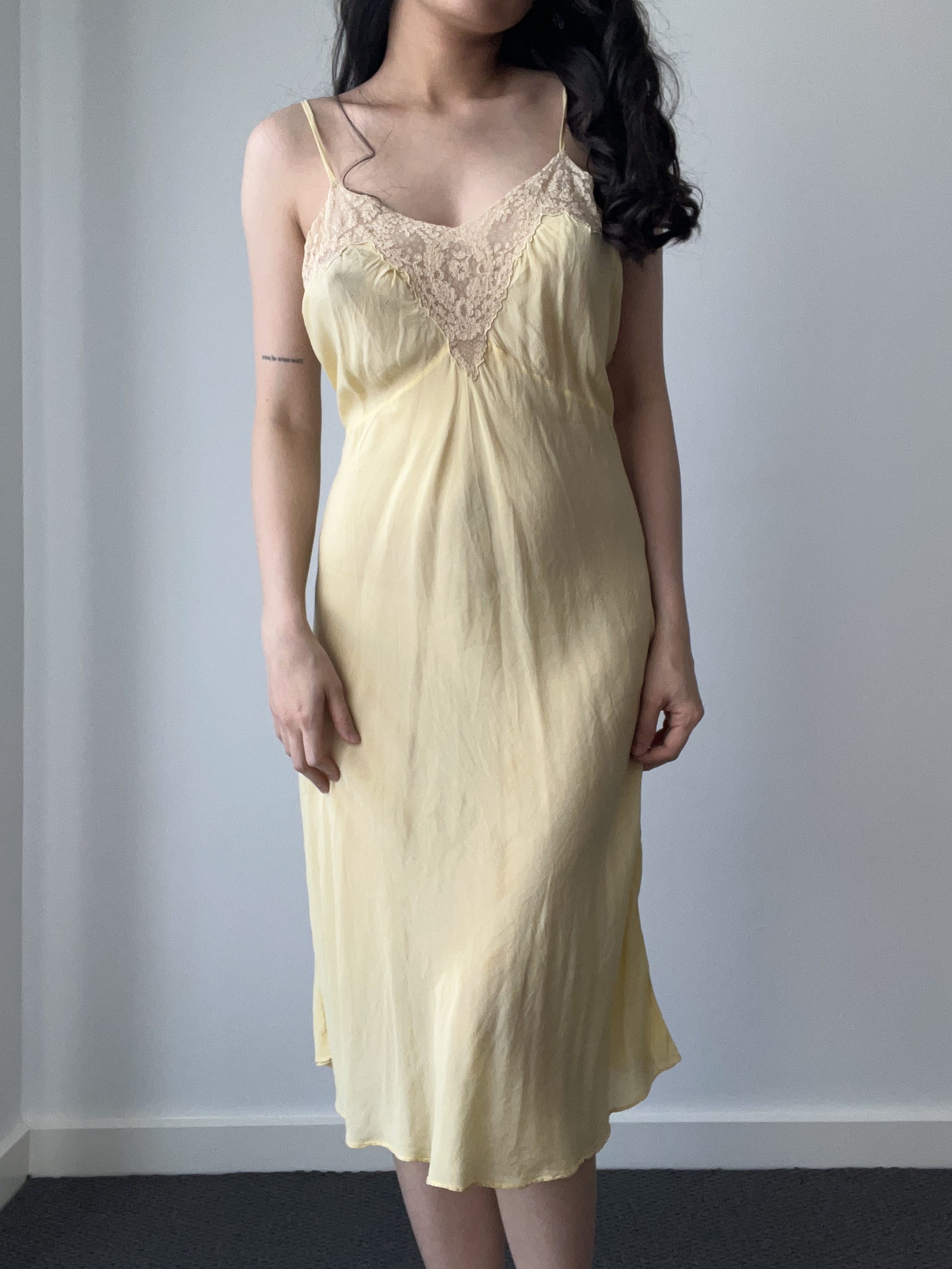 Vintage Butter Yellow Pure Silk Lace-Trimmed Bias Cut Slip Dress