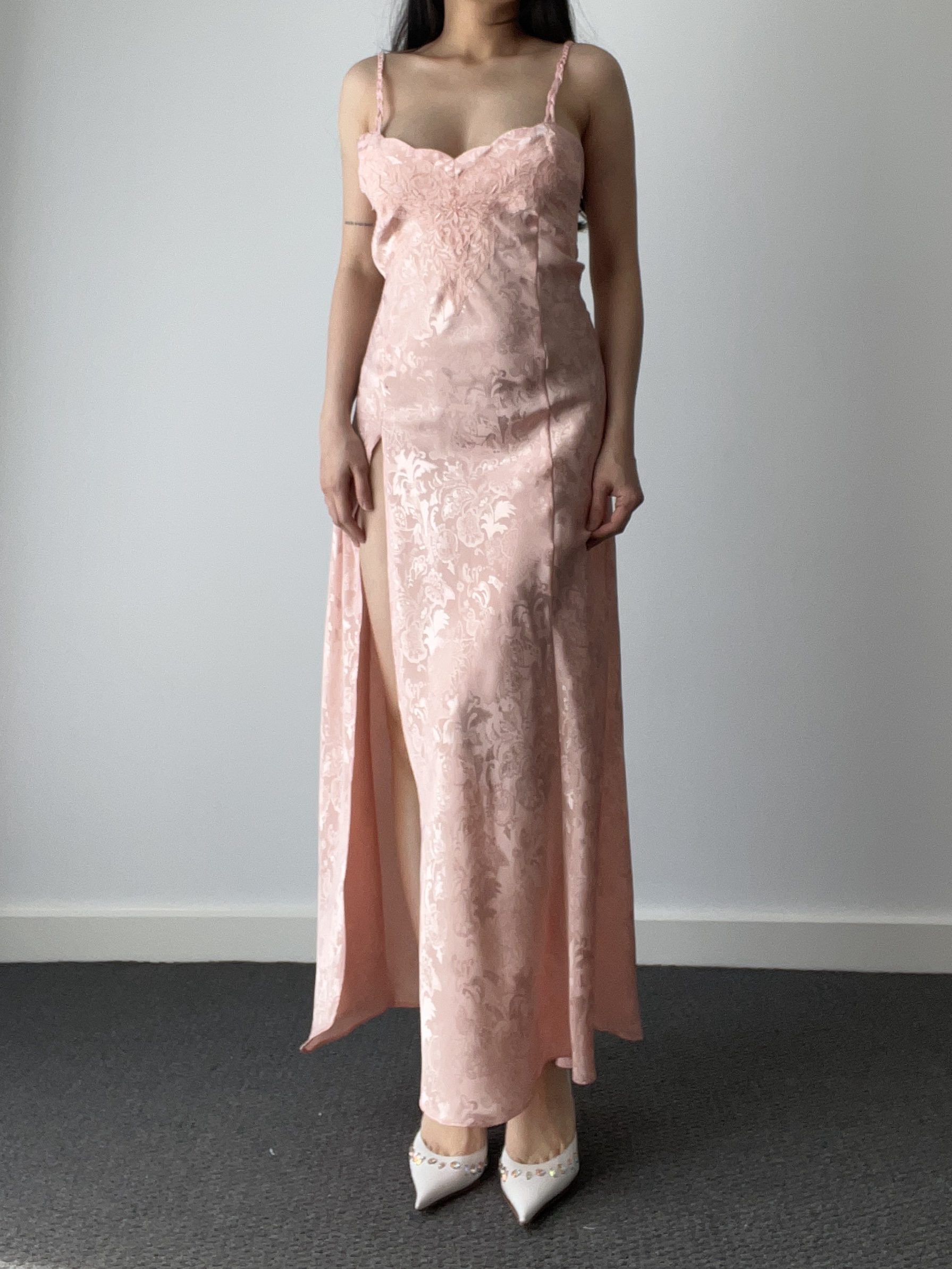 Vintage Victoria’s Secret Floral Jacquard Satin High-Slit Maxi Slip Dress in Blush Pink