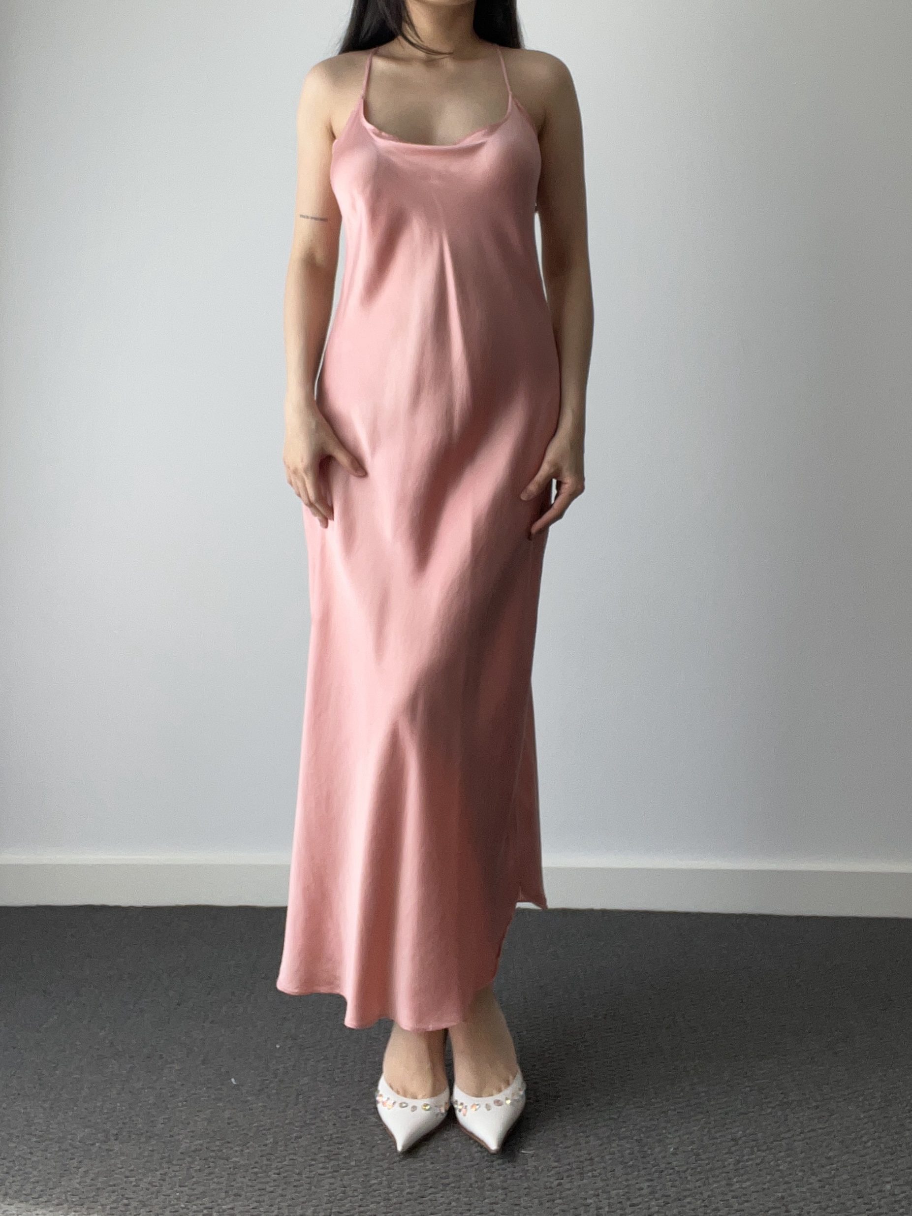Vintage Silk Cowl Neck Spaghetti Strap Maxi Slip Dress in Rose Pink