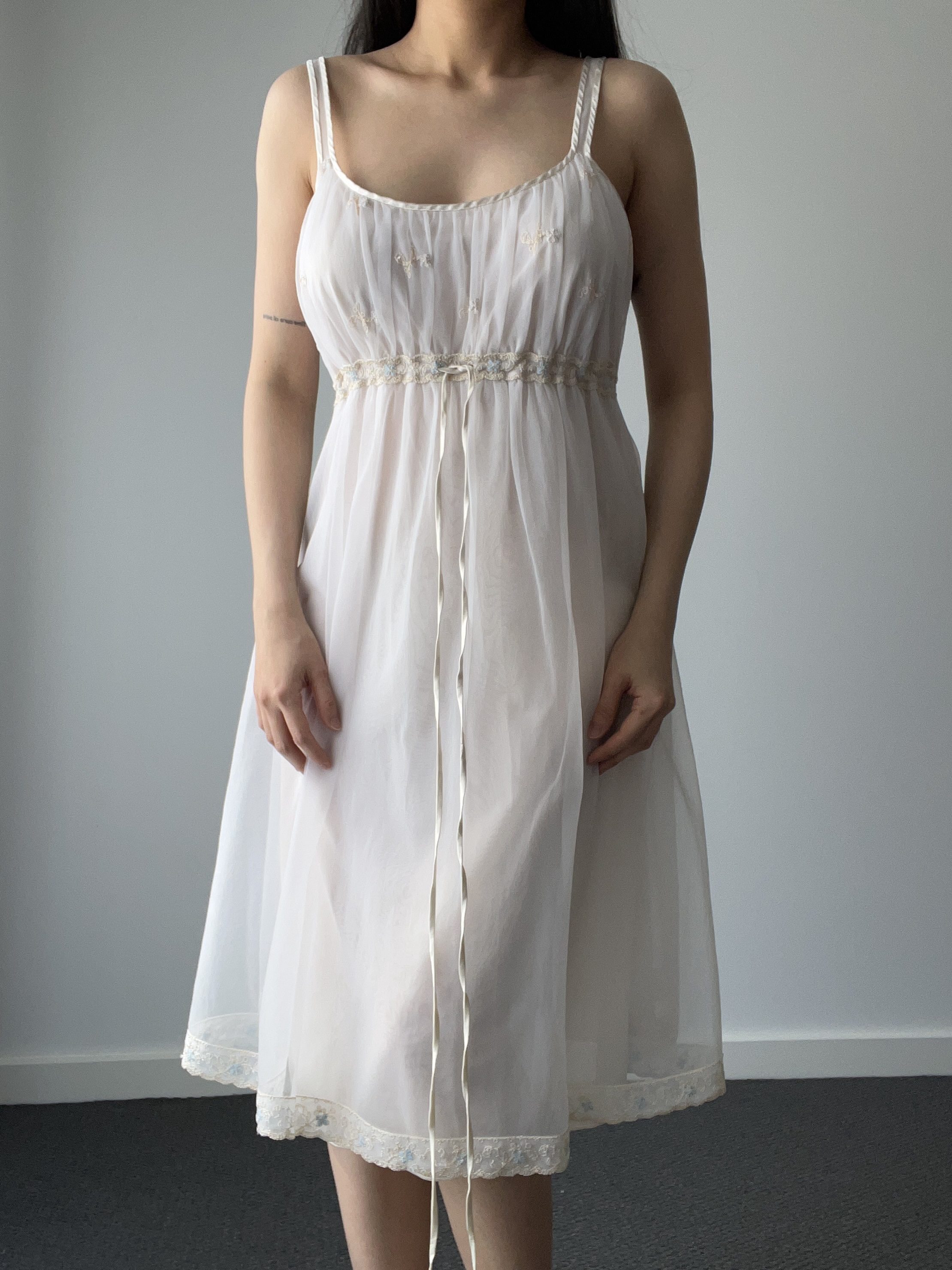 Vintage 1960s/70s Sheer Chiffon Empire Waist Slip Dress with Floral Trim & Drawstring Waist