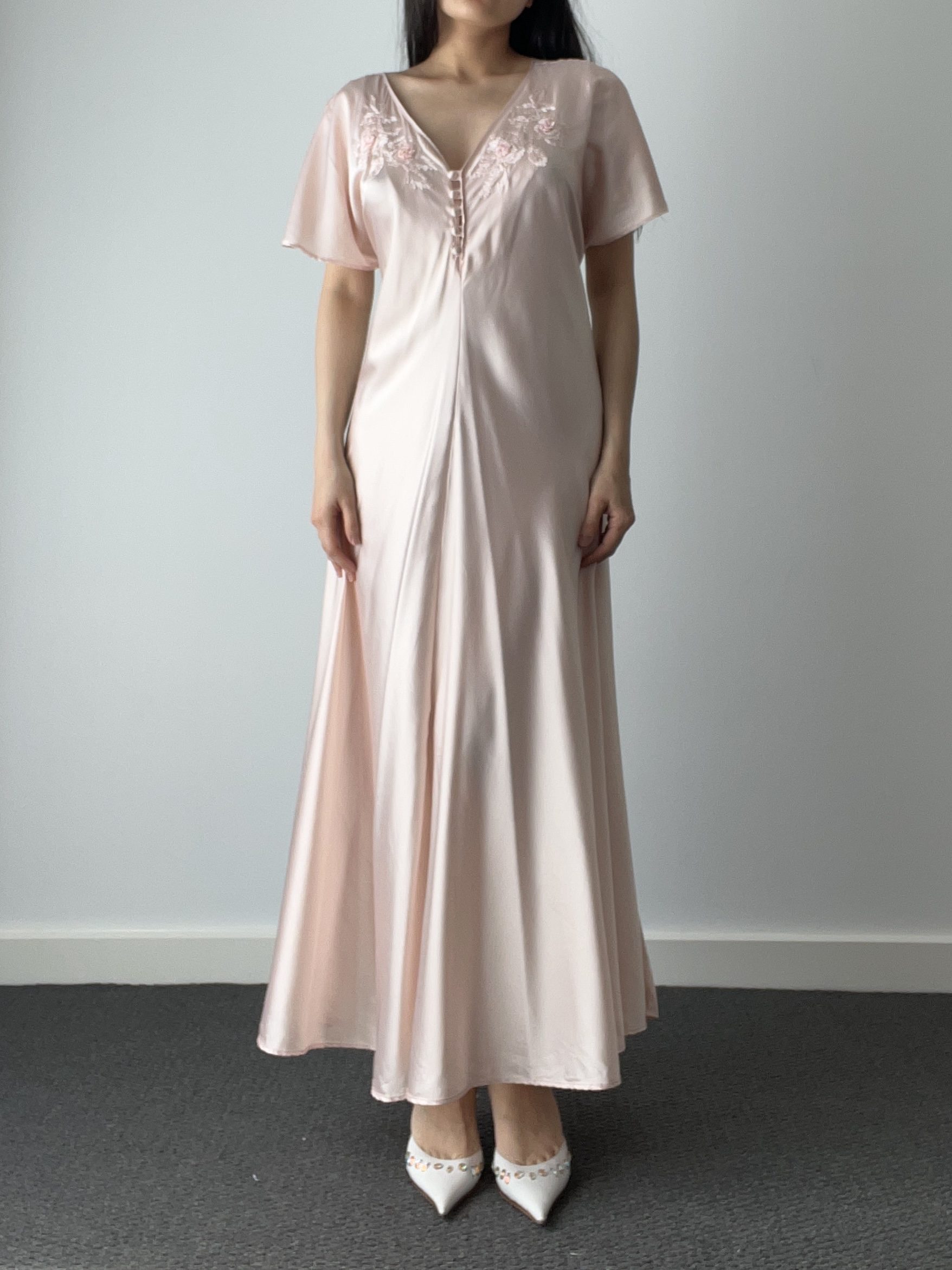 Vintage Italian Romantic Blush Pink Satin Maxi Slip Dress with Delicate Floral Embroidery