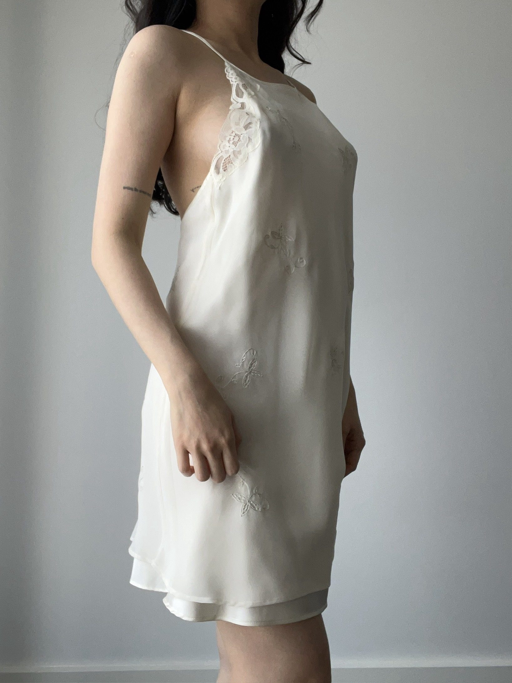 Vintage Ivory Layered Chiffon & Satin Halter/High-Neck Mini Dress with Floral Embroidery — front