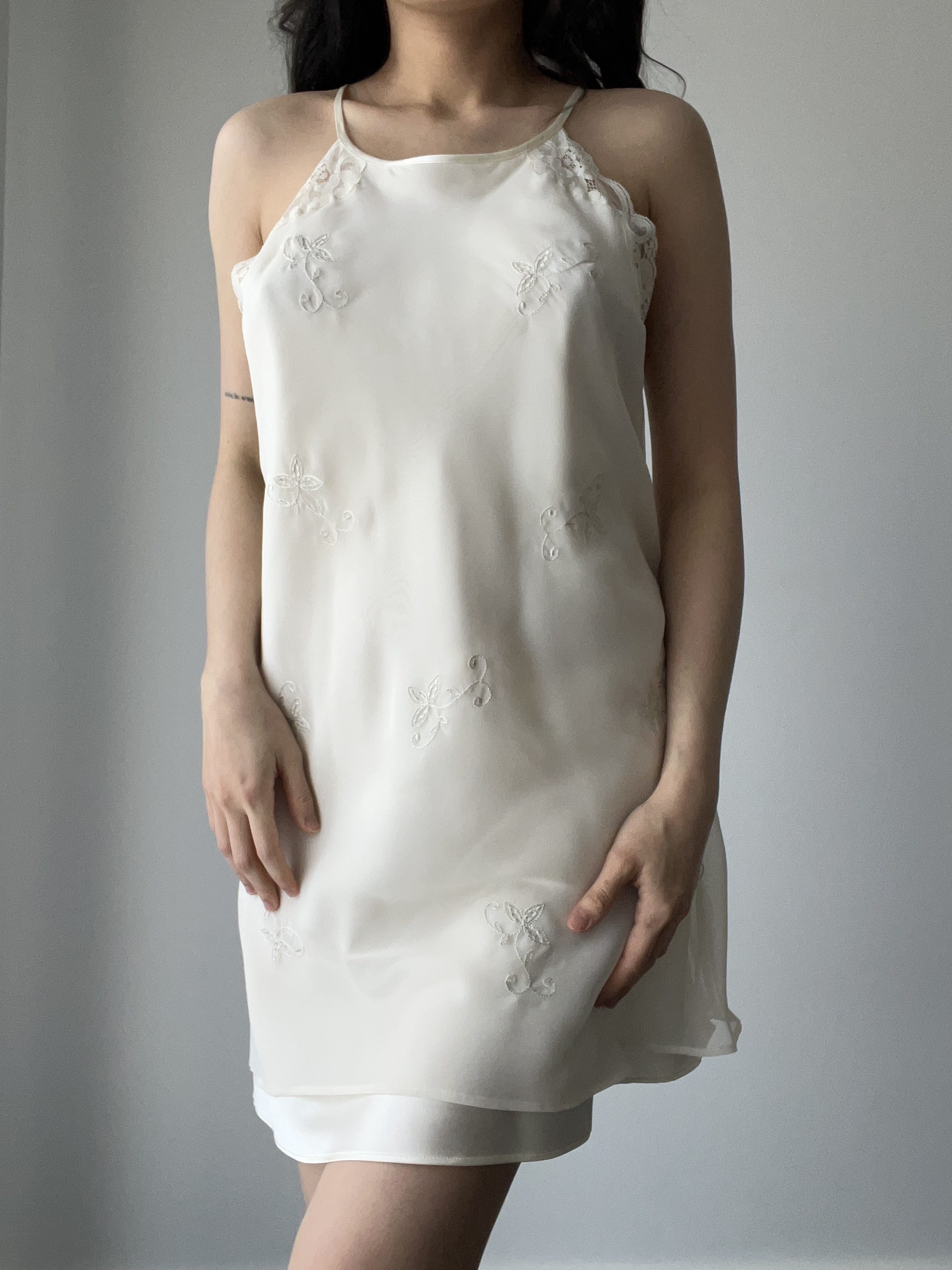 Vintage Ivory Layered Chiffon & Satin Halter/High-Neck Mini Dress with Floral Embroidery