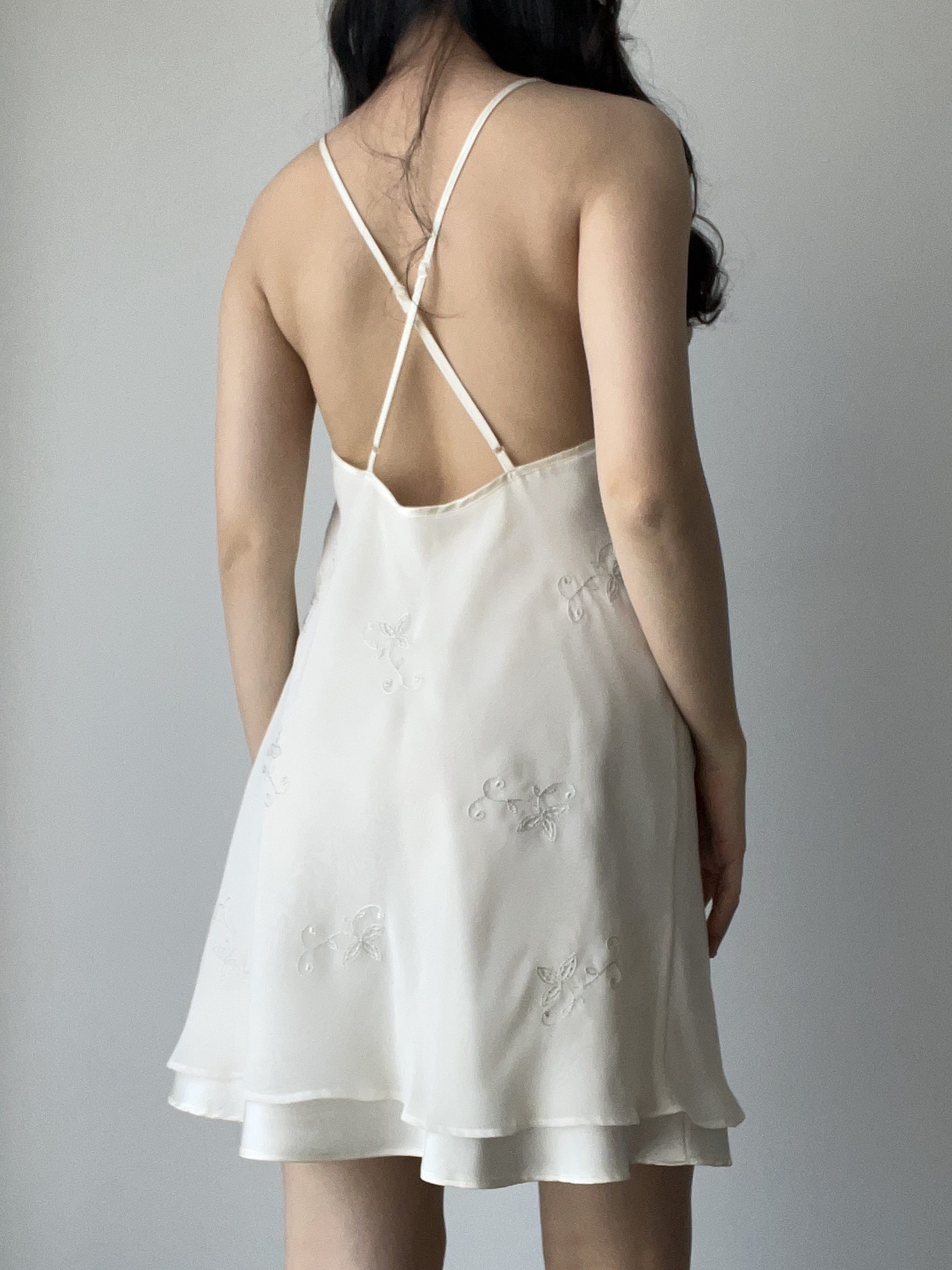 Vintage Ivory Layered Chiffon & Satin Halter/High-Neck Mini Dress with Floral Embroidery — detail