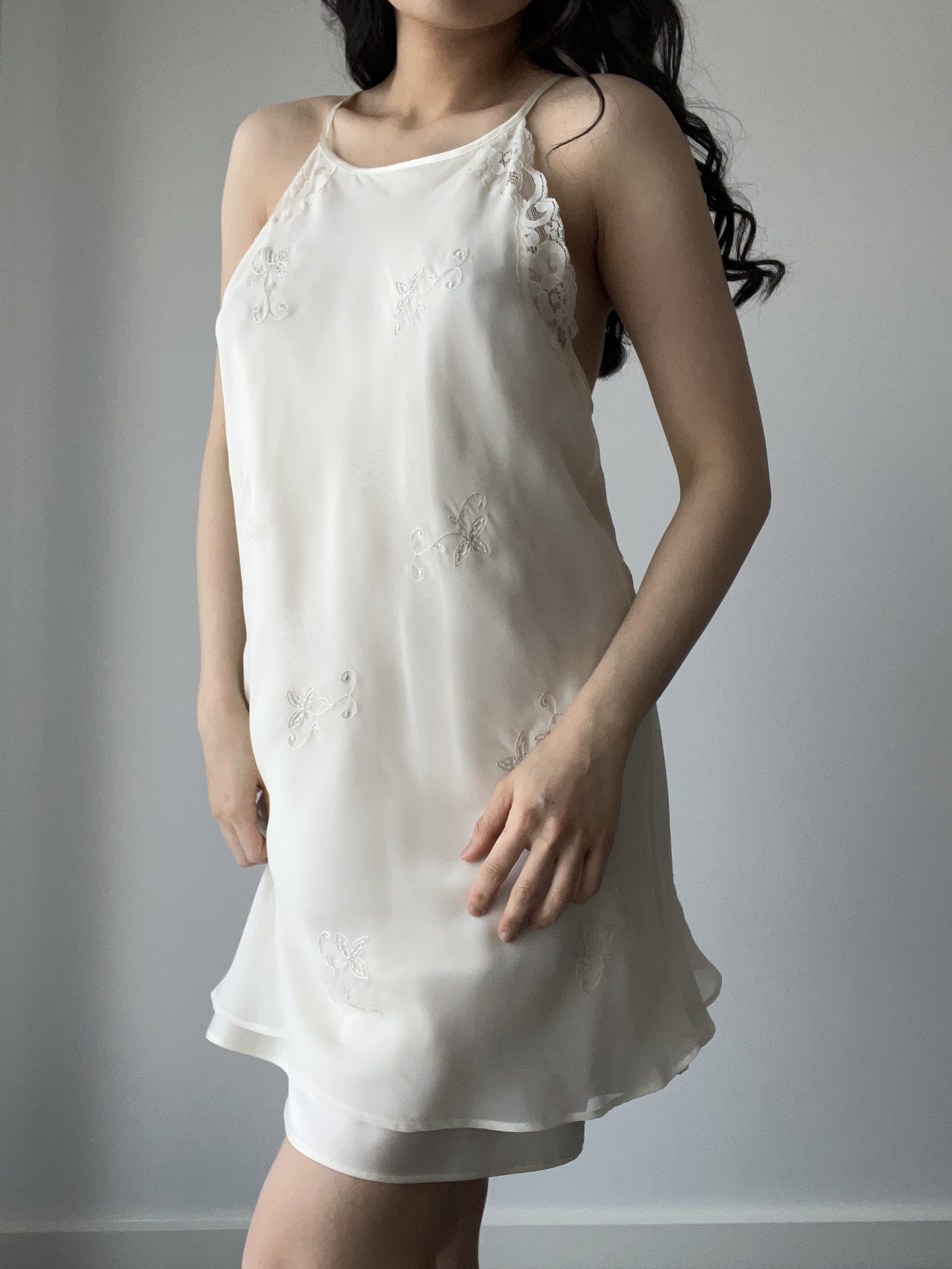 Vintage Ivory Layered Chiffon & Satin Halter/High-Neck Mini Dress with Floral Embroidery — detail