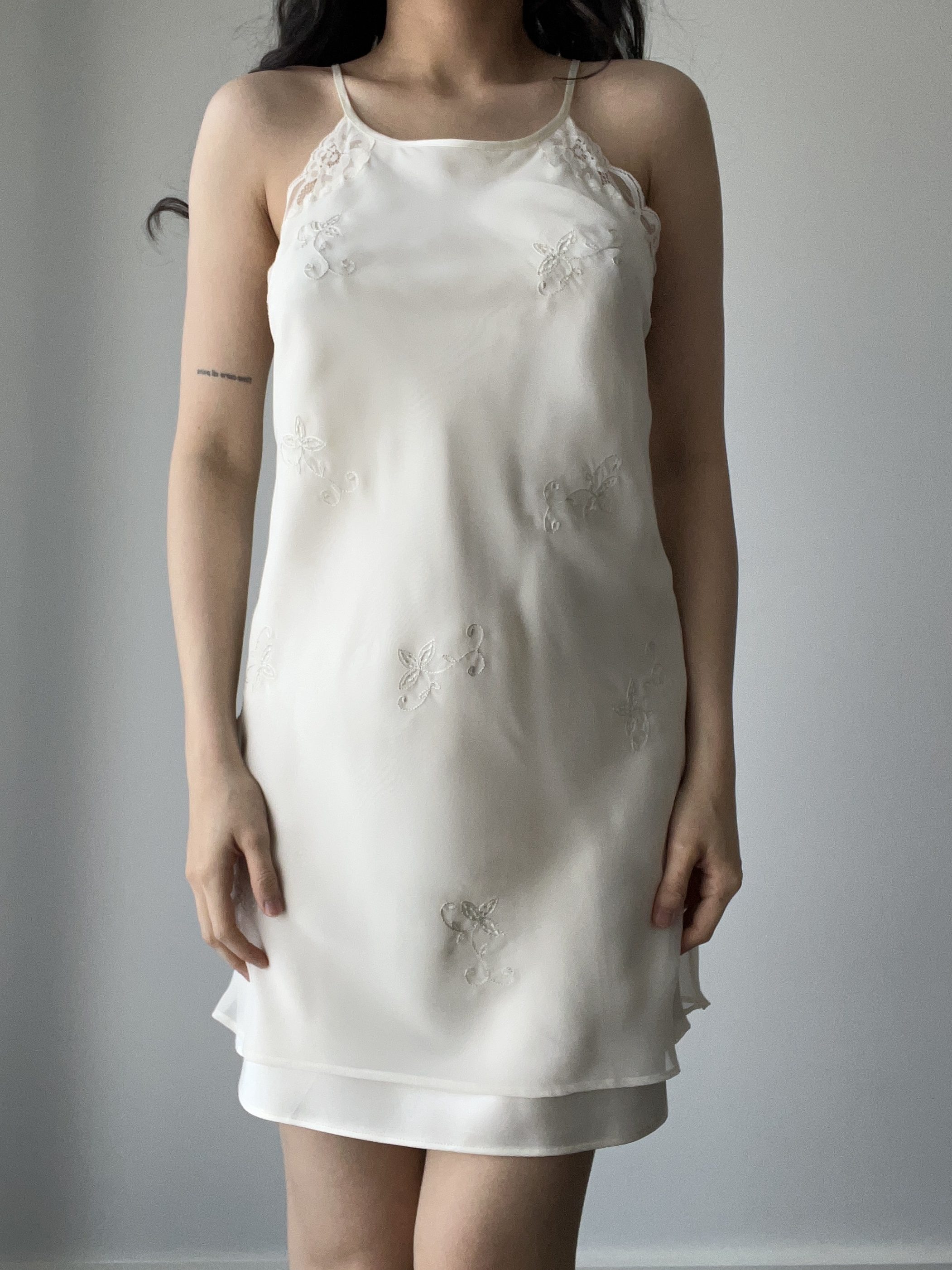 Vintage Ivory Layered Chiffon & Satin Halter/High-Neck Mini Dress with Floral Embroidery — detail