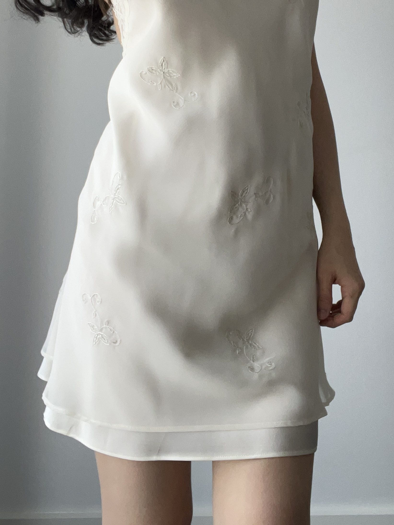 Vintage Ivory Layered Chiffon & Satin Halter/High-Neck Mini Dress with Floral Embroidery — detail