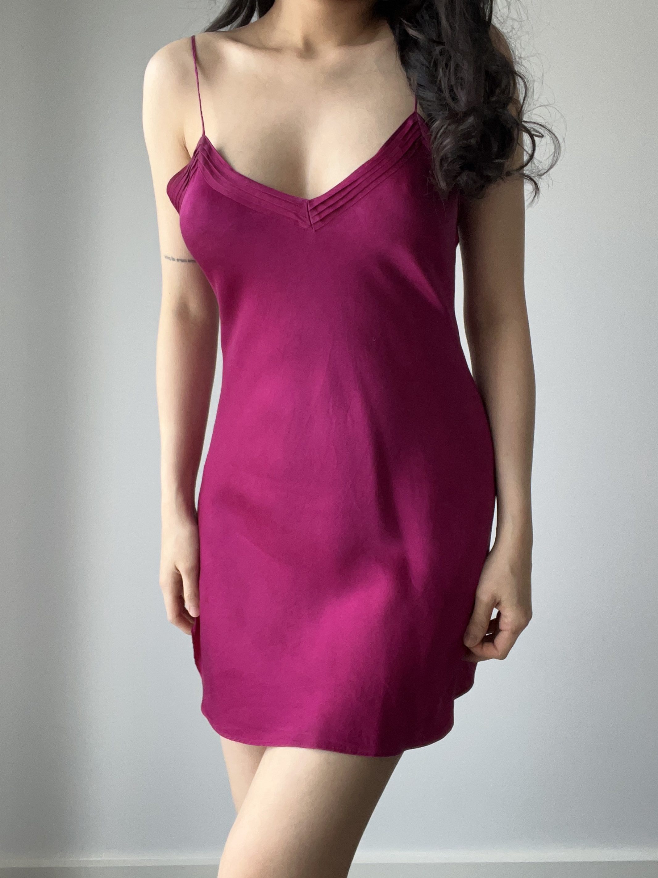 Vintage Victoria’s Secret Bold Magenta Pure Silk Mini Slip Dress with Pleated Bust — front