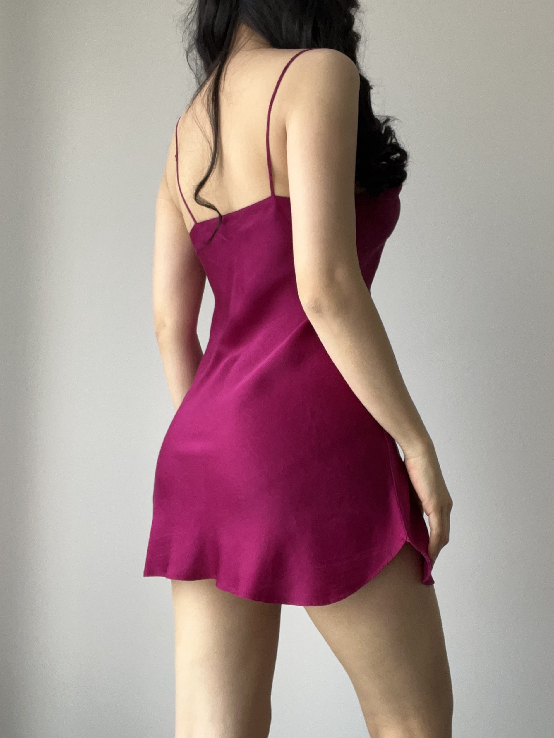 Vintage Victoria’s Secret Bold Magenta Pure Silk Mini Slip Dress with Pleated Bust — detail
