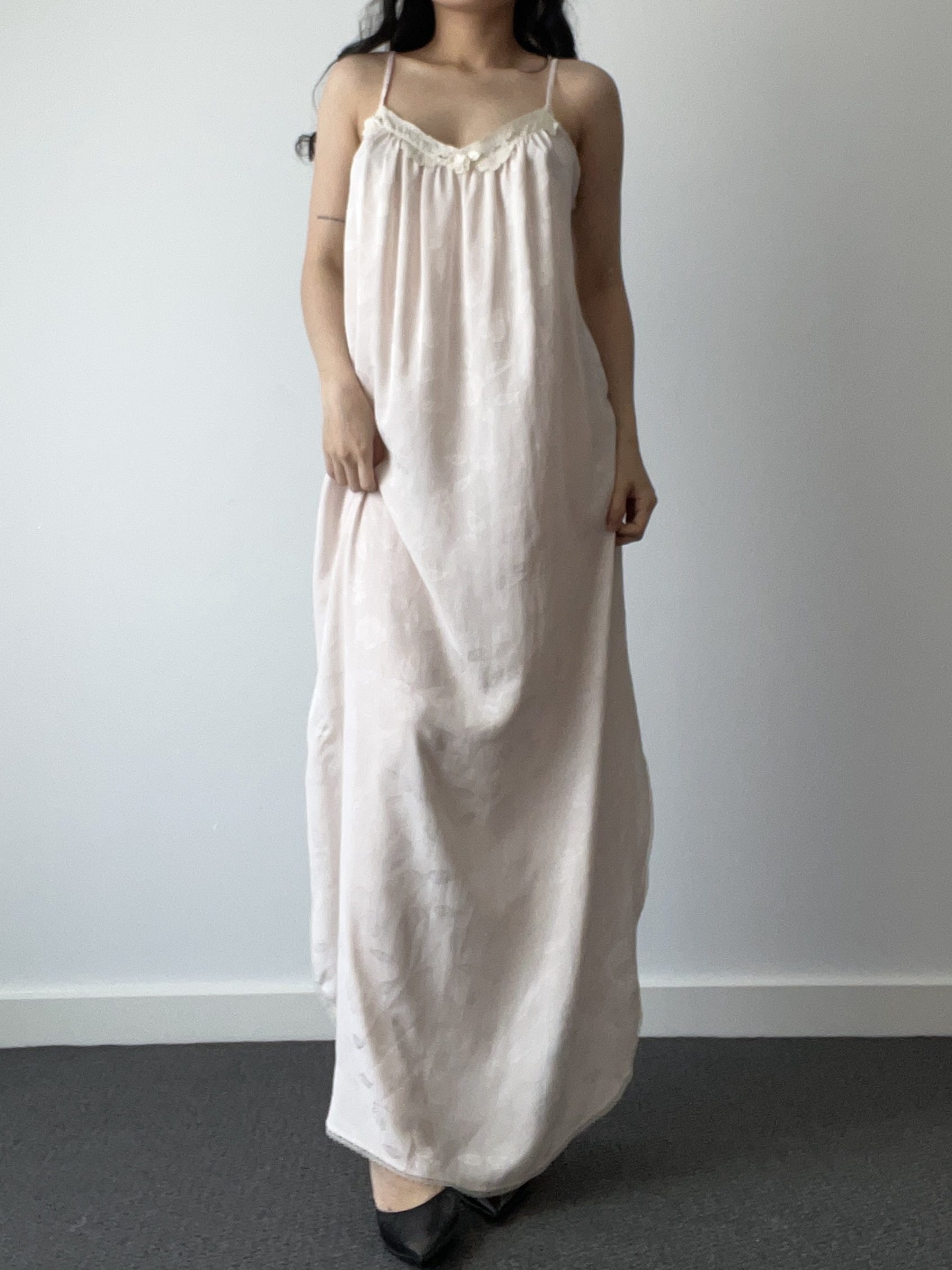 Vintage Christian Dior Pale Pink Floral Jacquard Satin Maxi Nightgown with Lace Trim