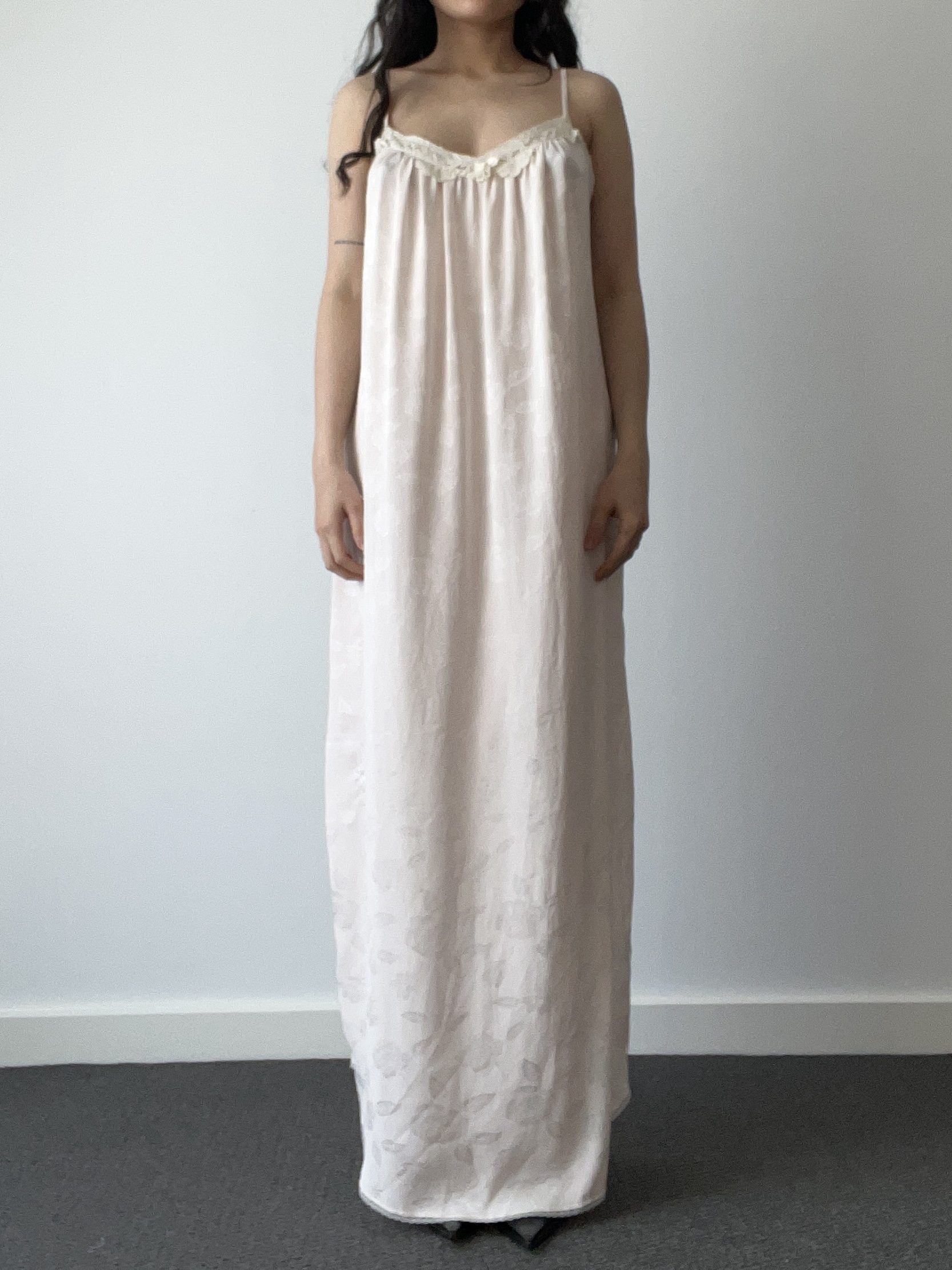 Vintage Christian Dior Pale Pink Floral Jacquard Satin Maxi Nightgown with Lace Trim — detail