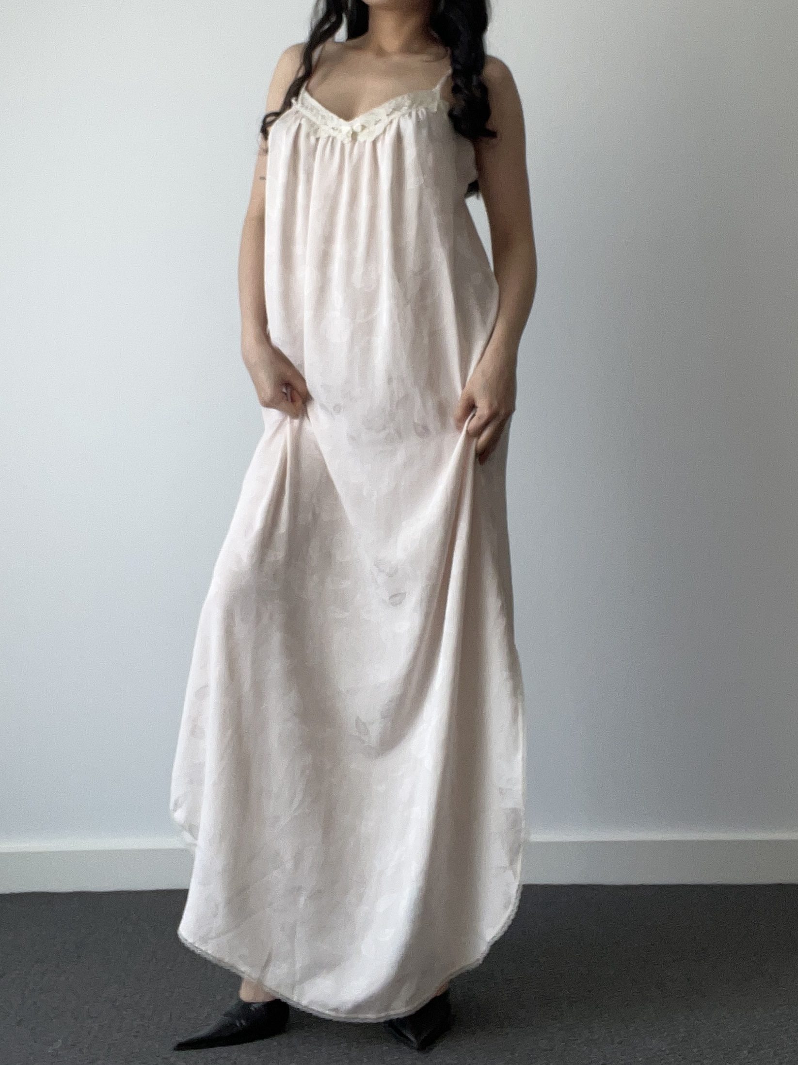 Vintage Christian Dior Pale Pink Floral Jacquard Satin Maxi Nightgown with Lace Trim — detail