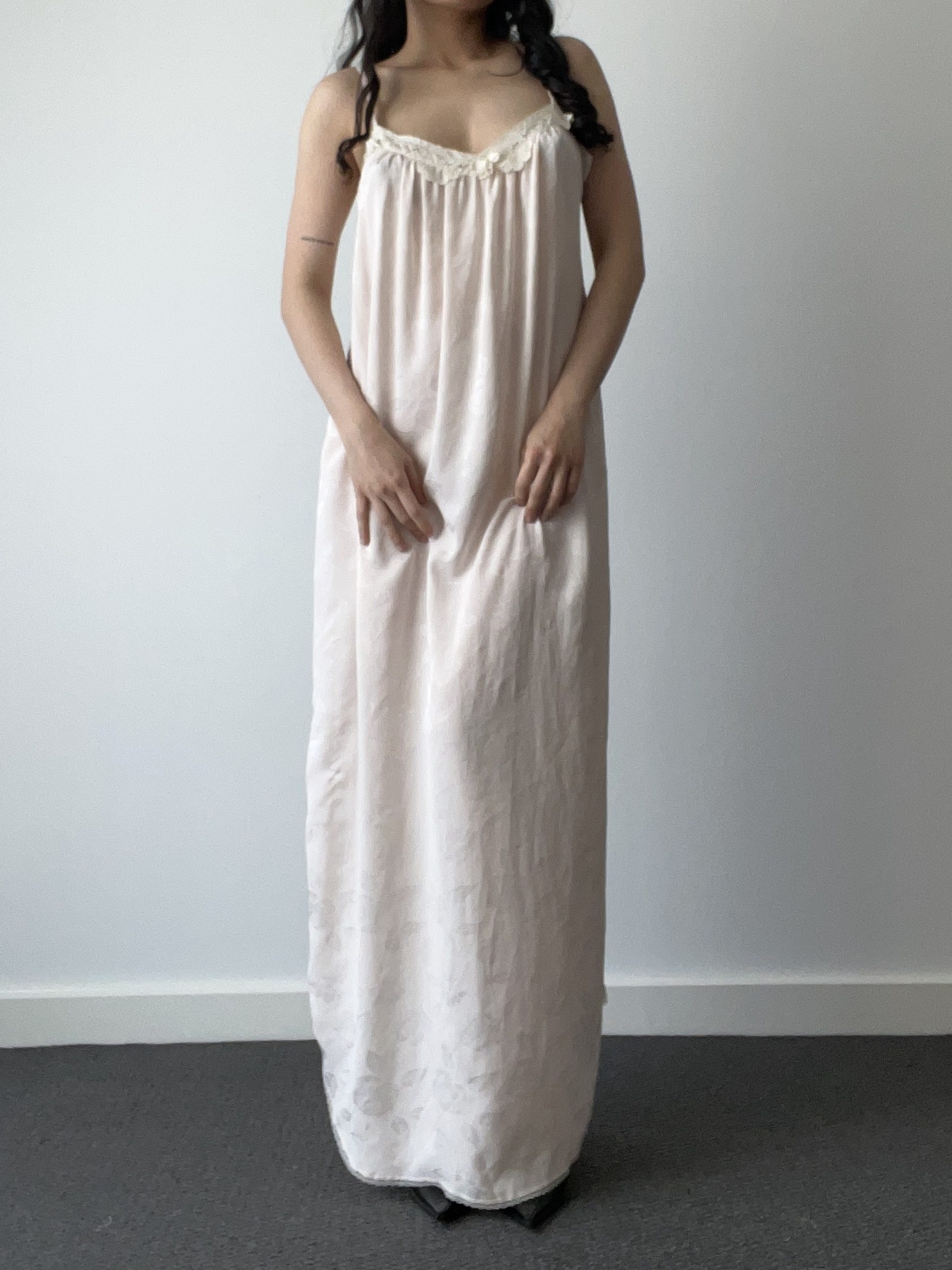 Vintage Christian Dior Pale Pink Floral Jacquard Satin Maxi Nightgown with Lace Trim — detail