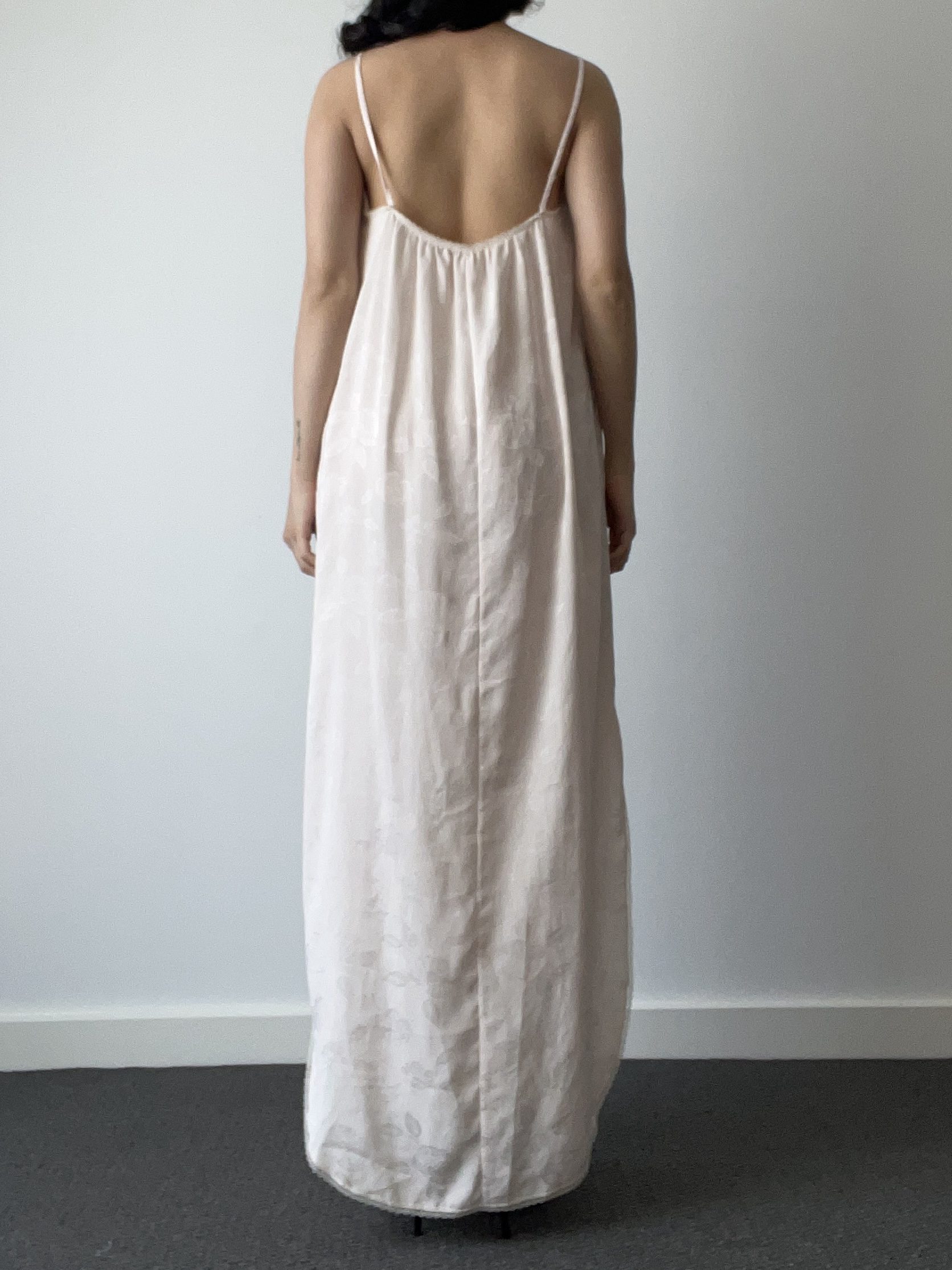 Vintage Christian Dior Pale Pink Floral Jacquard Satin Maxi Nightgown with Lace Trim — detail