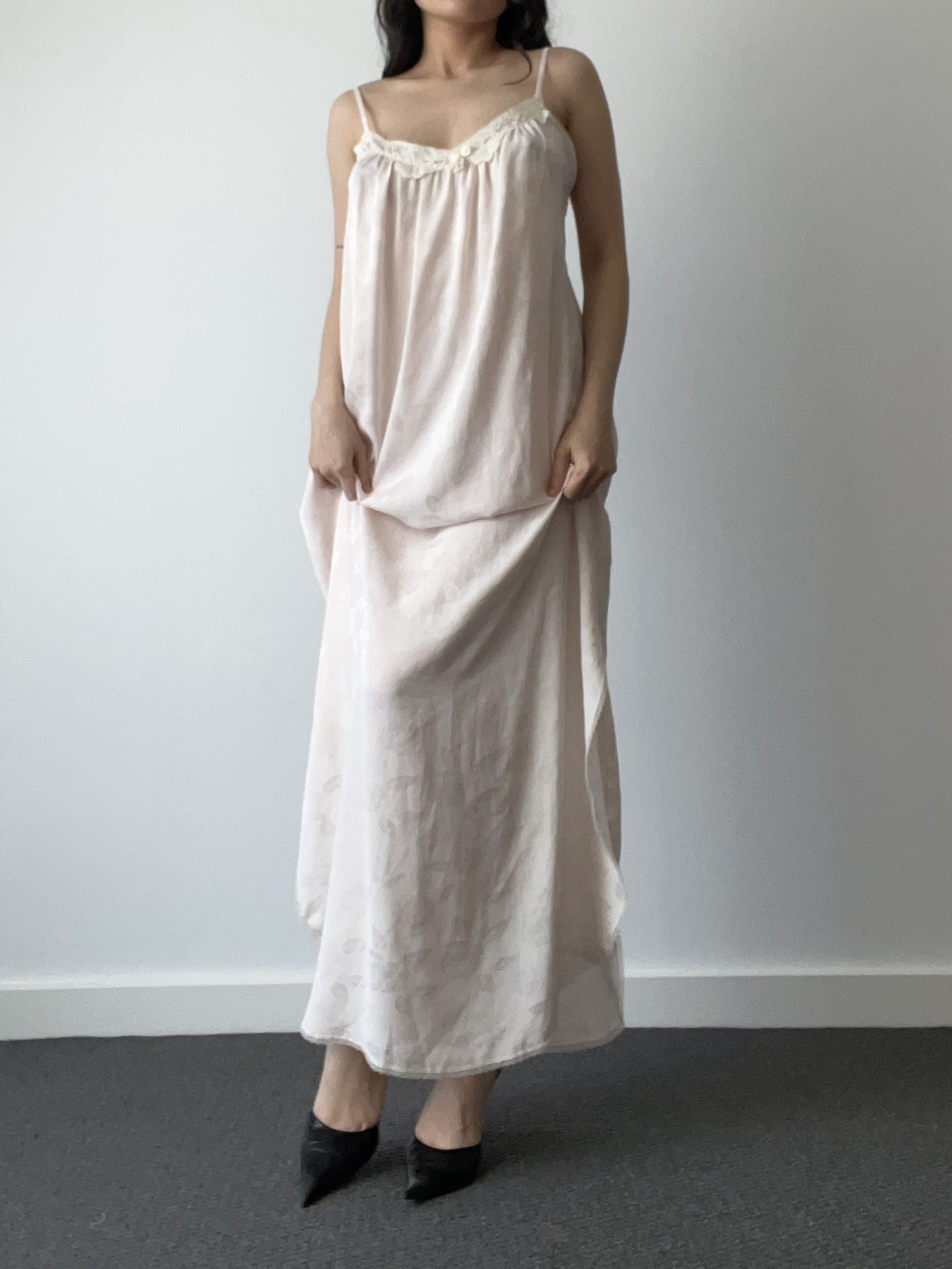Vintage Christian Dior Pale Pink Floral Jacquard Satin Maxi Nightgown with Lace Trim — detail