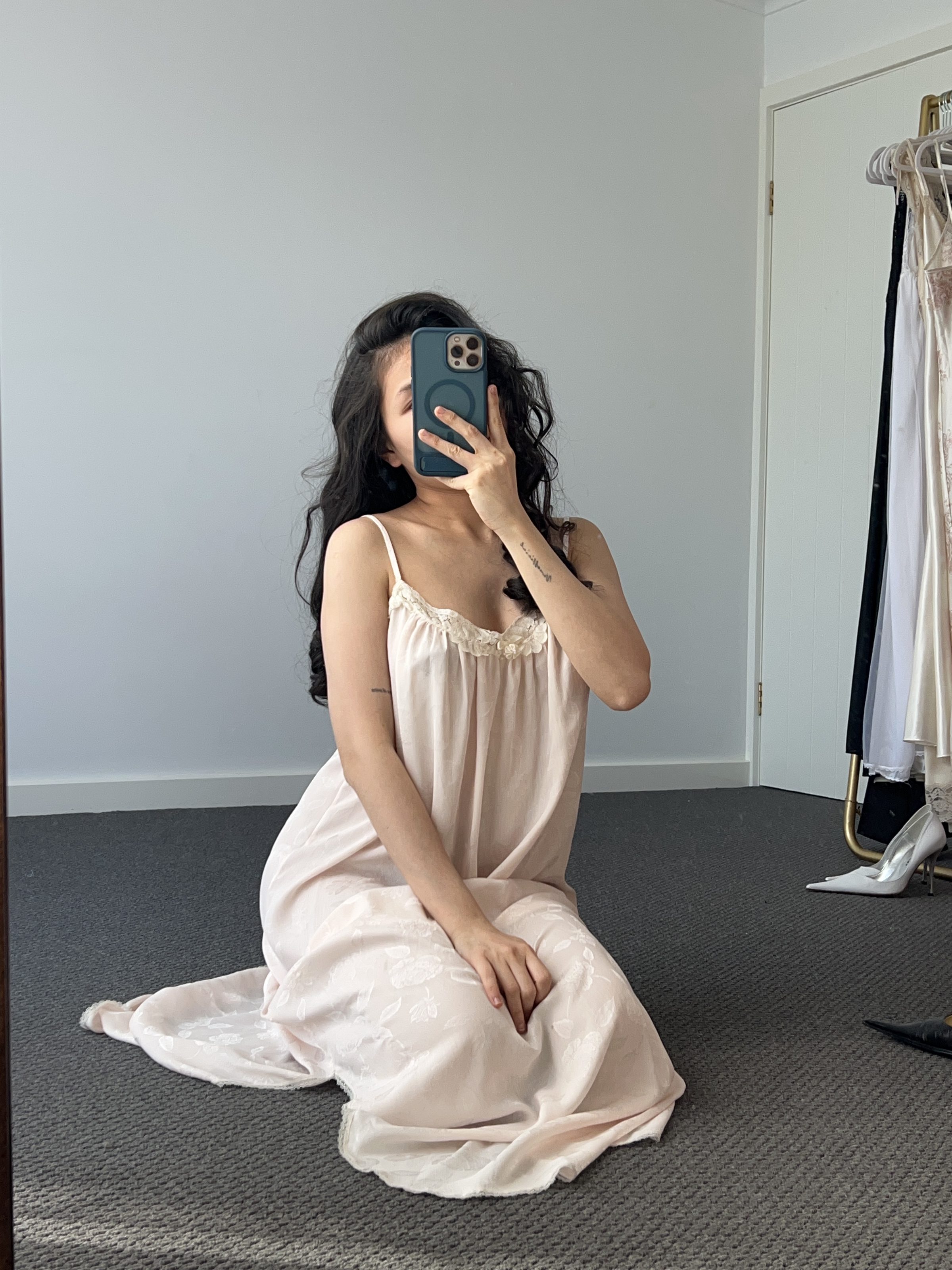 Vintage Christian Dior Pale Pink Floral Jacquard Satin Maxi Nightgown with Lace Trim — detail