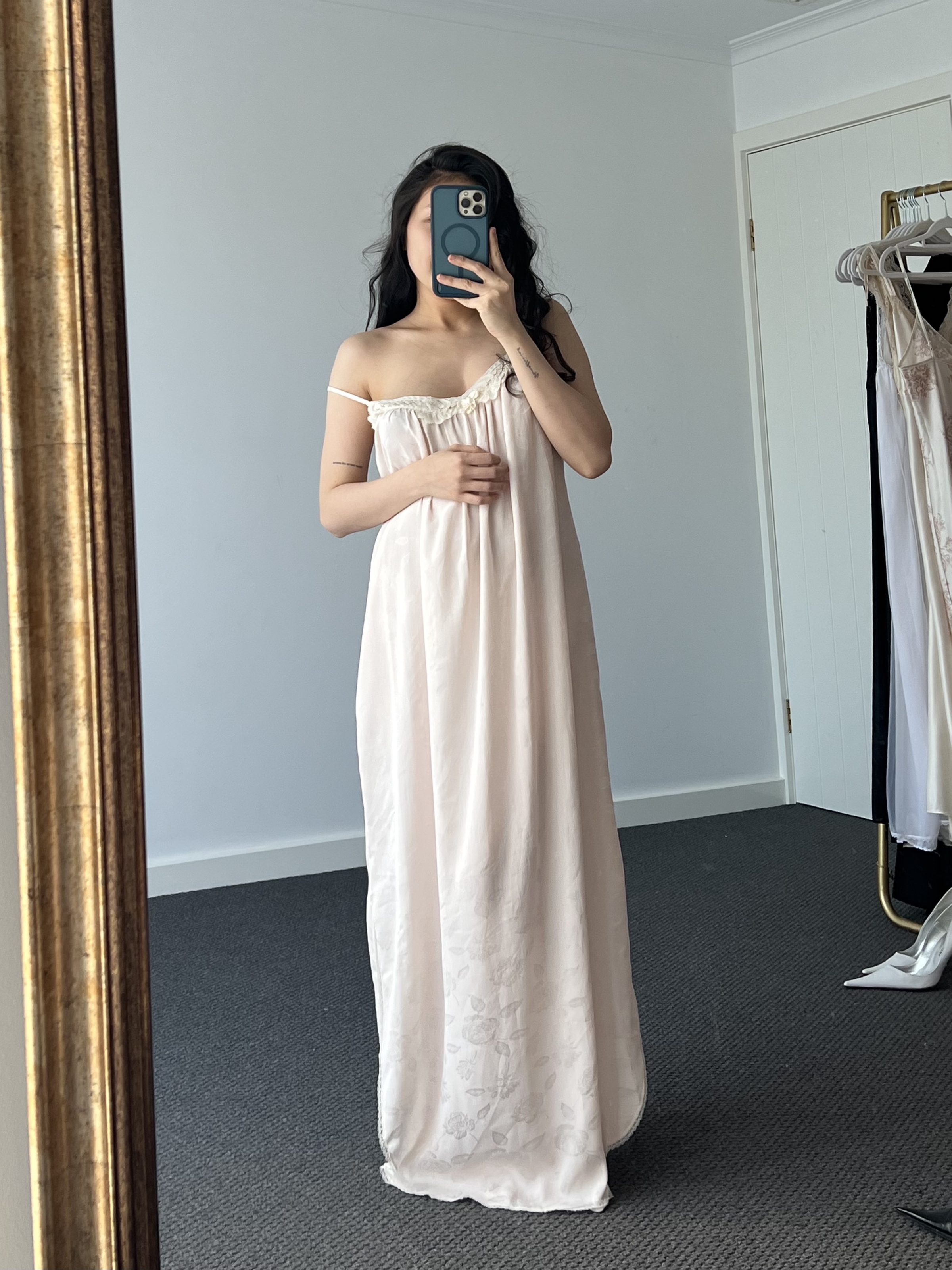 Vintage Christian Dior Pale Pink Floral Jacquard Satin Maxi Nightgown with Lace Trim — detail