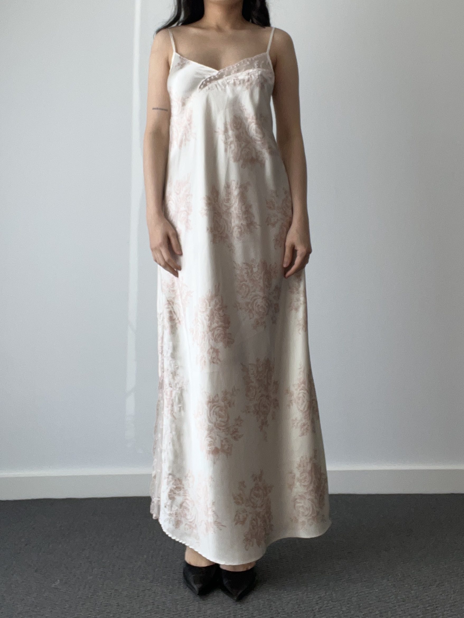 Vintage Rose Floral Print Cream Satin Maxi Nightgown Dress with Lace Bodice — front