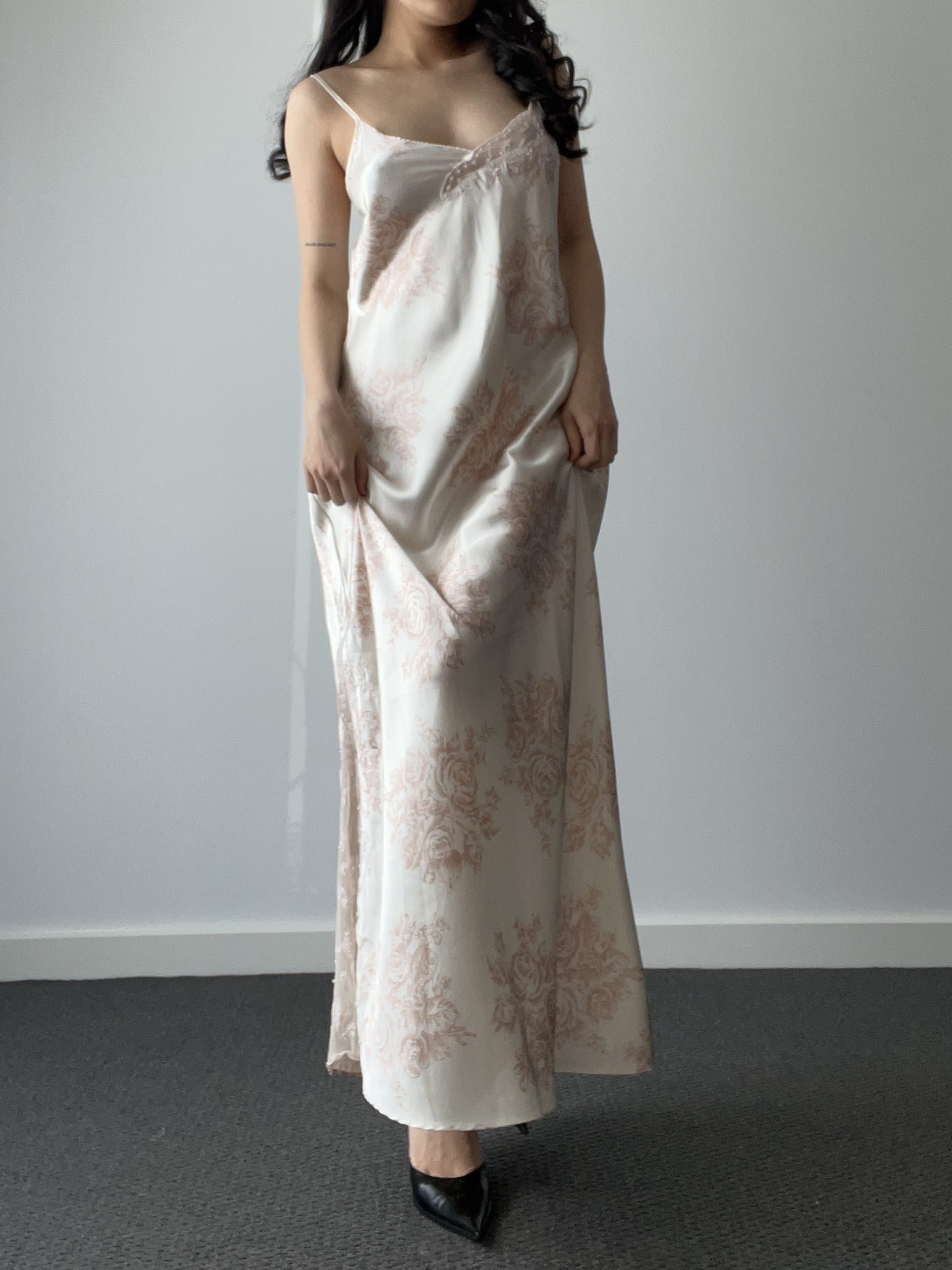 Vintage Rose Floral Print Cream Satin Maxi Nightgown Dress with Lace Bodice — detail