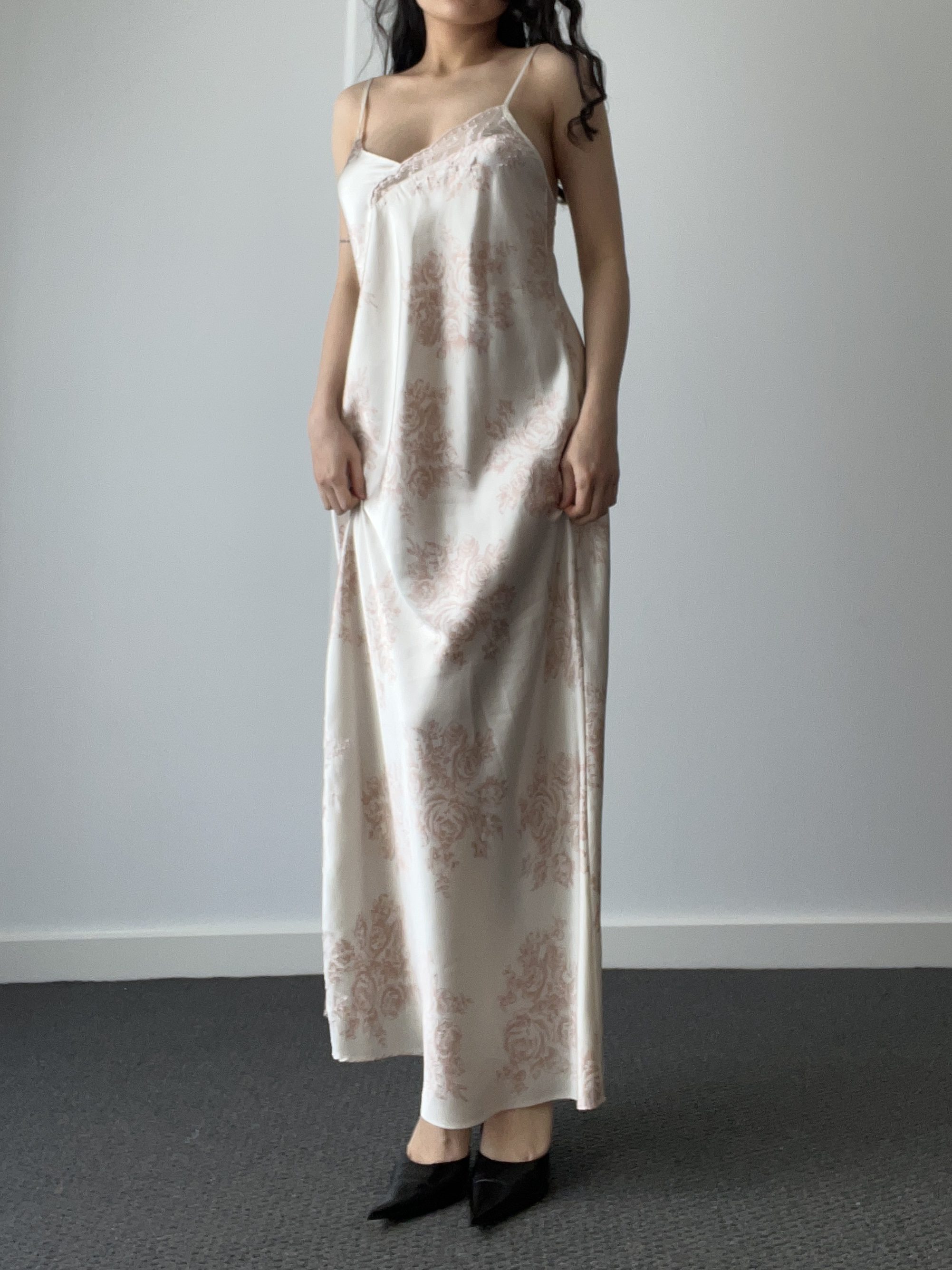 Vintage Rose Floral Print Cream Satin Maxi Nightgown Dress with Lace Bodice