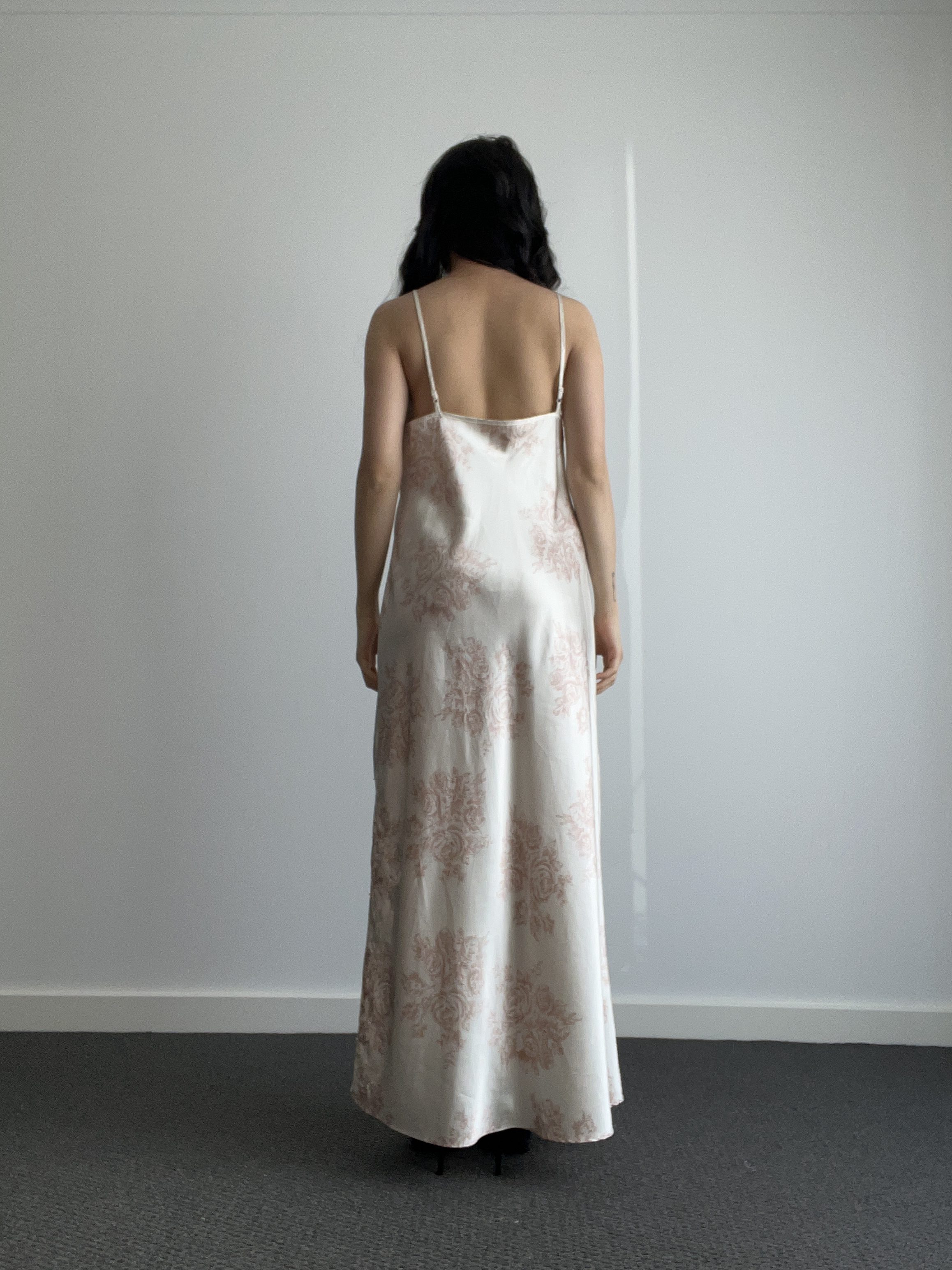 Vintage Rose Floral Print Cream Satin Maxi Nightgown Dress with Lace Bodice — detail