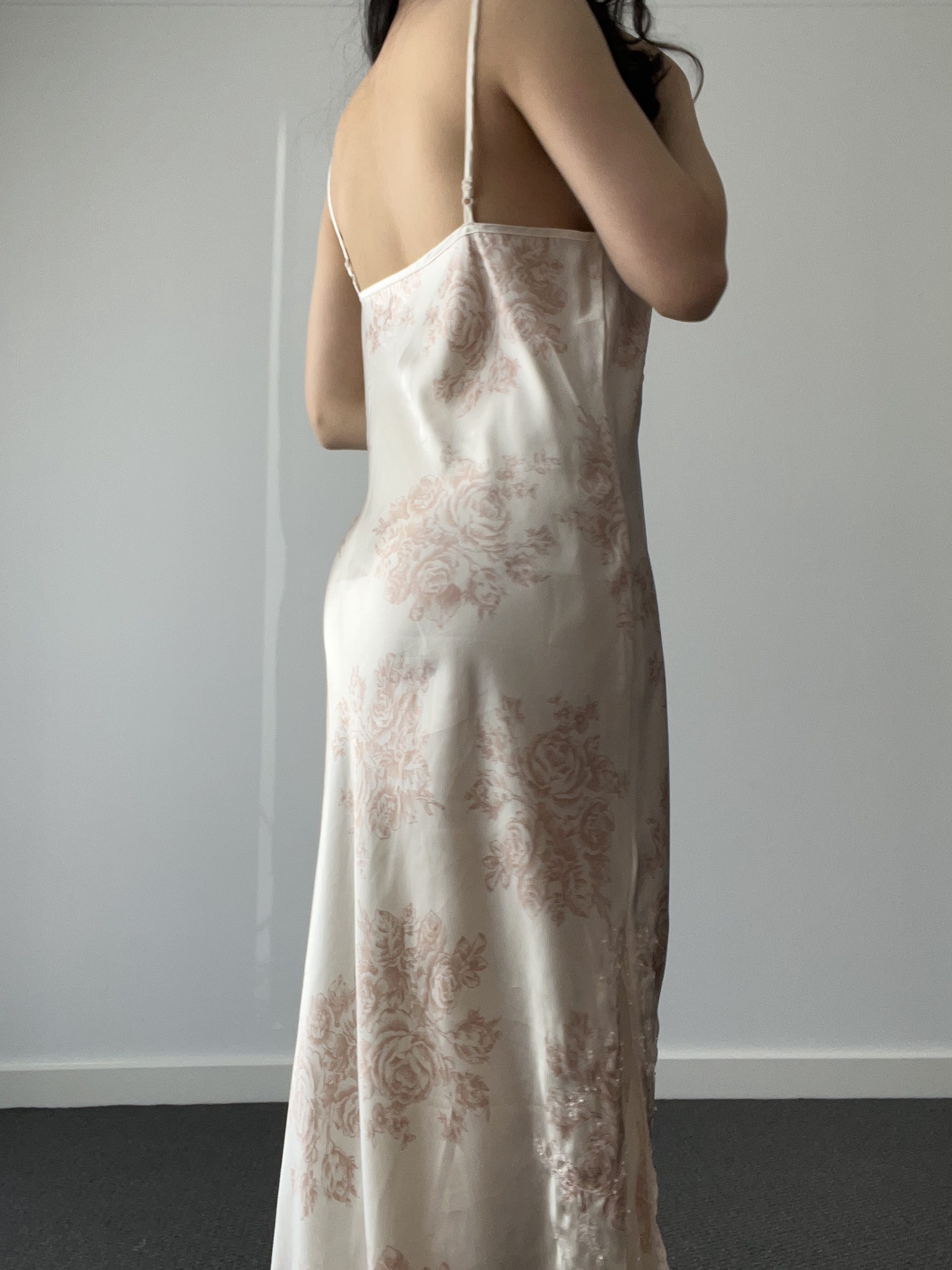 Vintage Rose Floral Print Cream Satin Maxi Nightgown Dress with Lace Bodice — detail