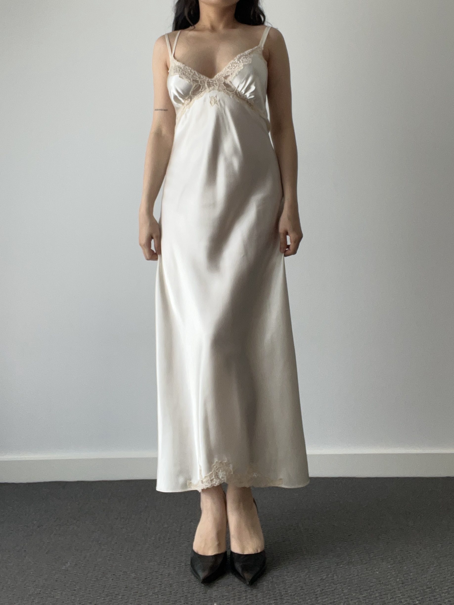 Vintage Ivory Satin Maxi Slip Dress with Floral Lace Bust & Hem