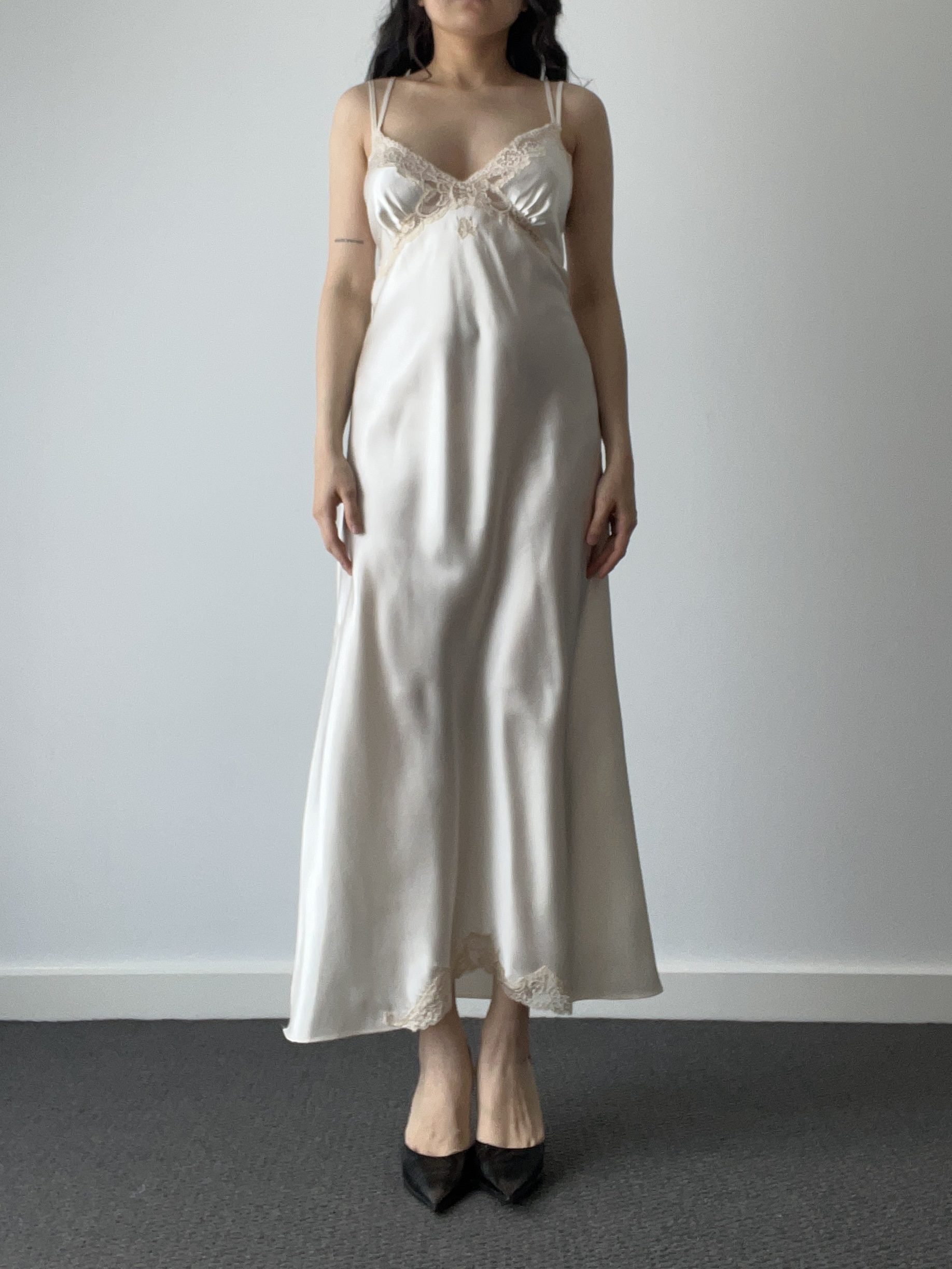 Vintage Ivory Satin Maxi Slip Dress with Floral Lace Bust & Hem — detail