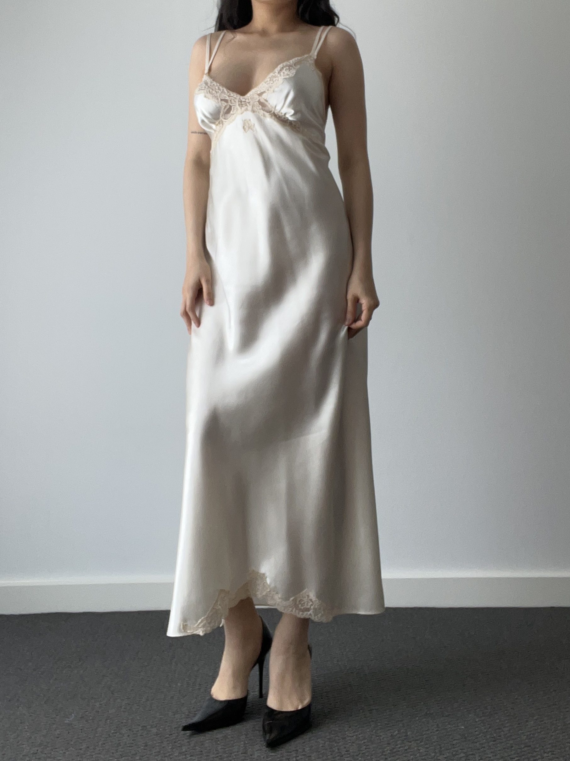 Vintage Ivory Satin Maxi Slip Dress with Floral Lace Bust & Hem — detail