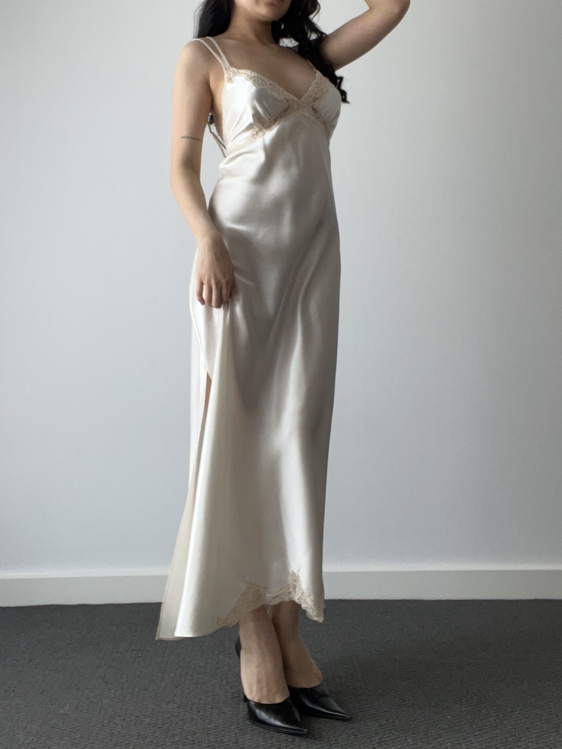 Vintage Ivory Satin Maxi Slip Dress with Floral Lace Bust & Hem — detail