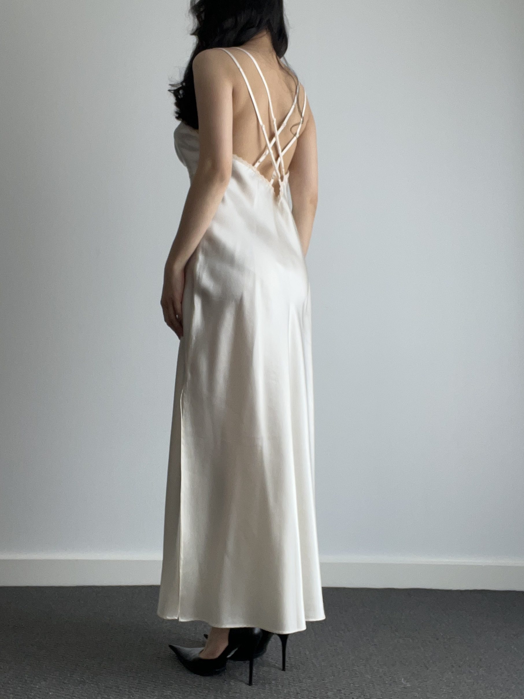 Vintage Ivory Satin Maxi Slip Dress with Floral Lace Bust & Hem — detail