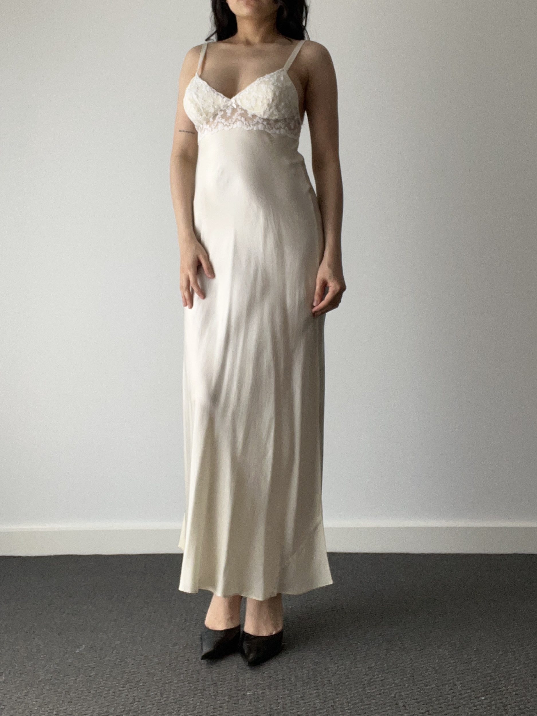 Vintage Victoria’s Secret 100% Silk Ivory Maxi Slip Dress with Sheer Floral Lace Bust
