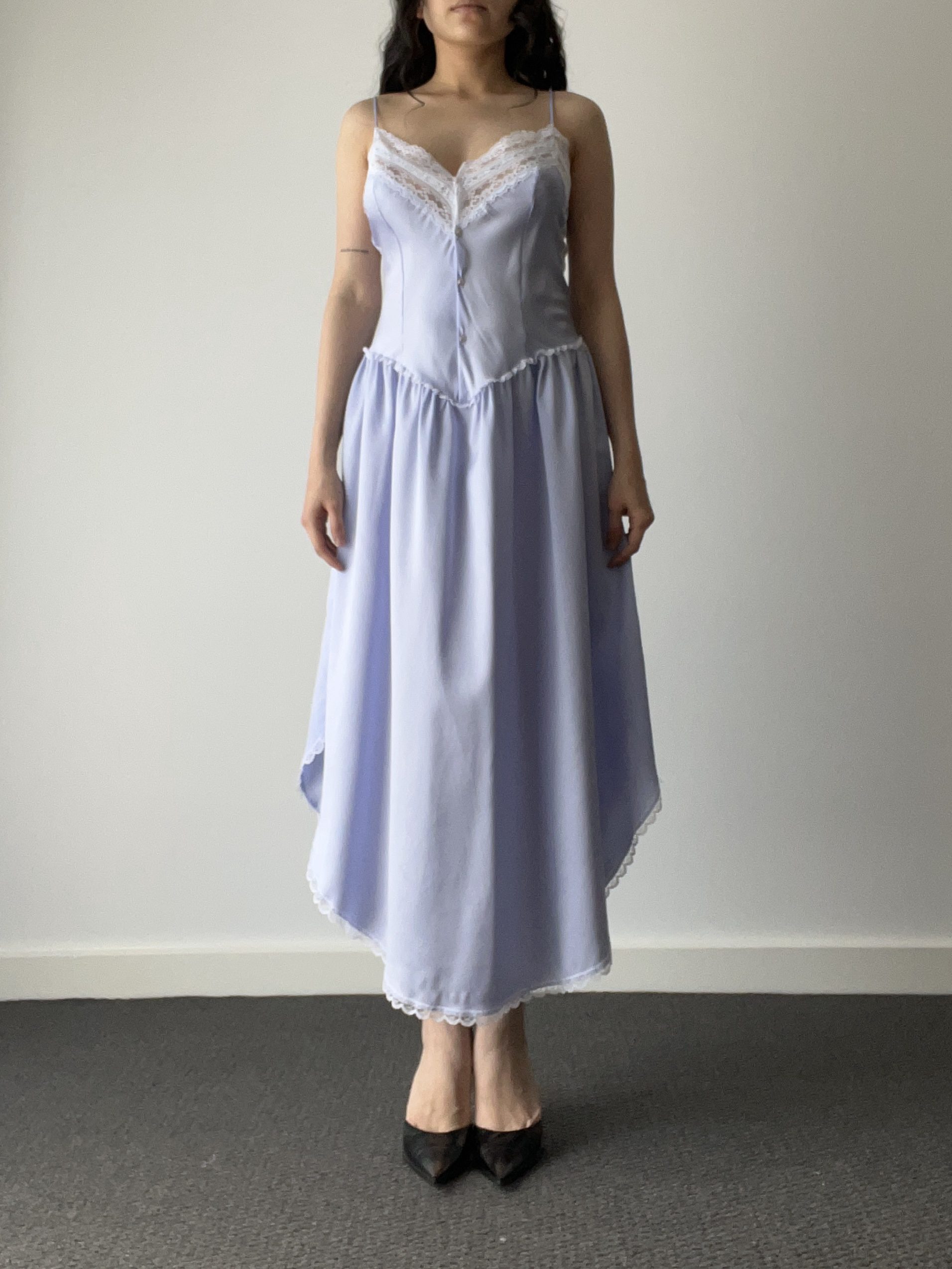 Vintage Pastel Periwinkle Blue Drop Basque Waist Maxi Slip Dress with White Lace Trim