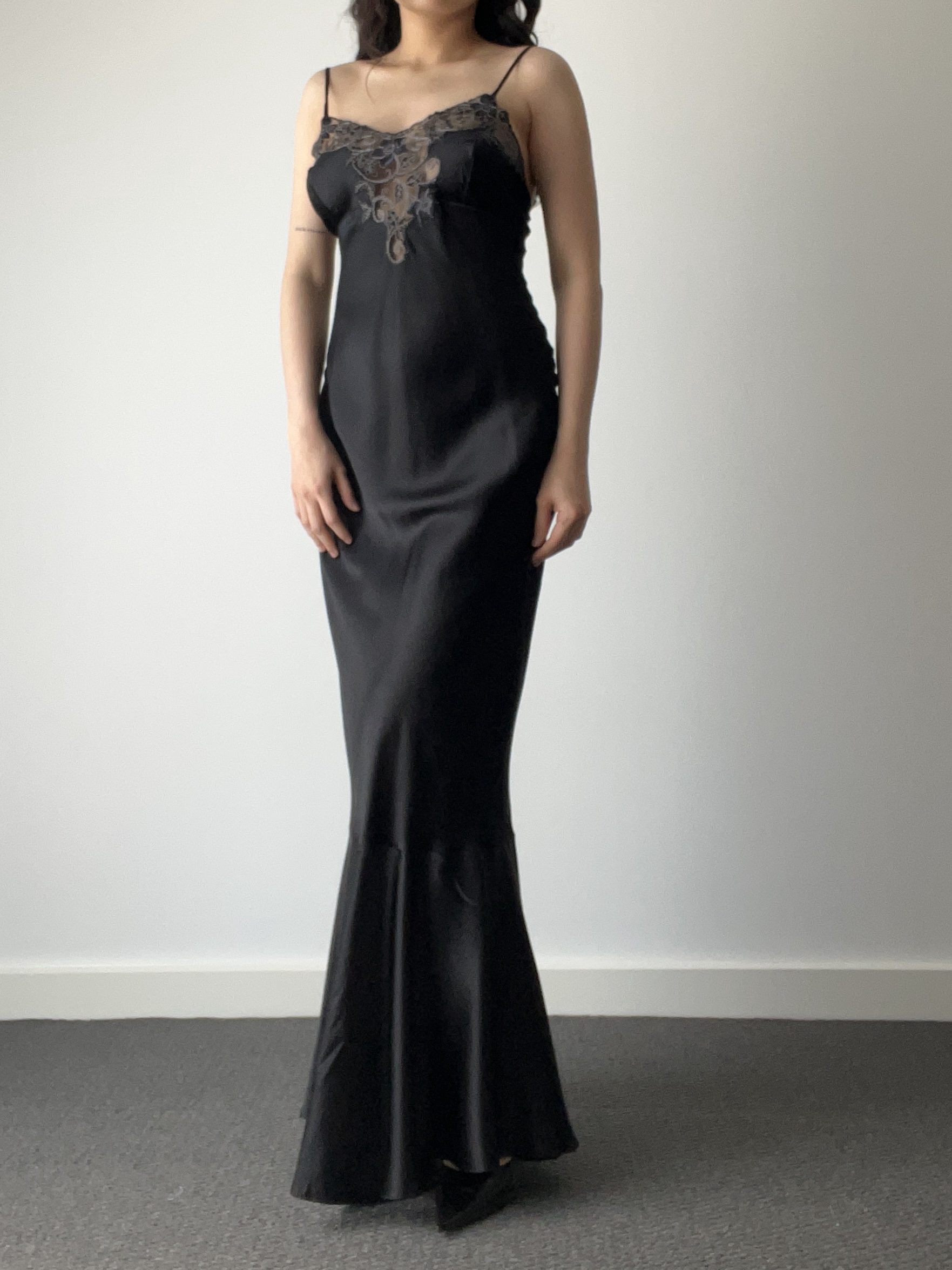 Vintage 90s 100% Pure Silk Bias Cut Mermaid Maxi Gown with Embroidered Sheer Lace Bodice