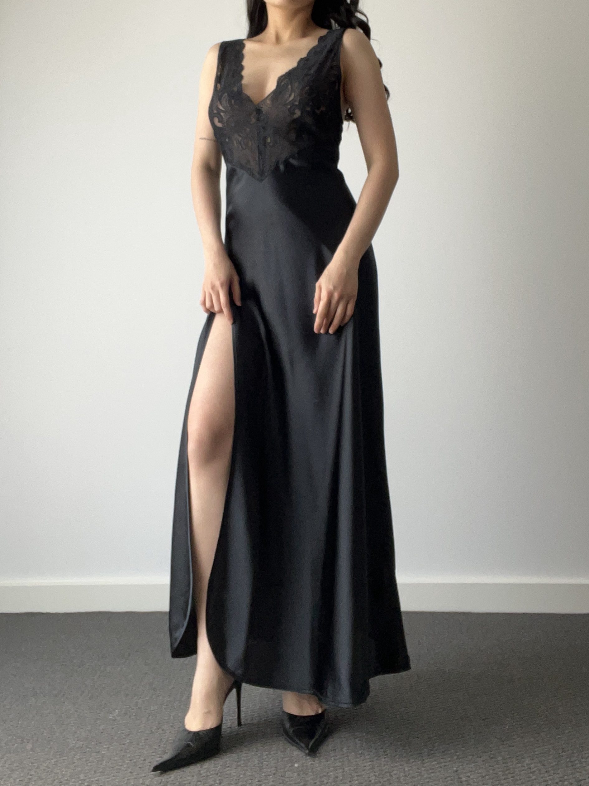 Vintage 90s Gold Label Victoria’s Secret Black Satin Maxi Slip Dress with Sheer Lace Bodice & Side Slit
